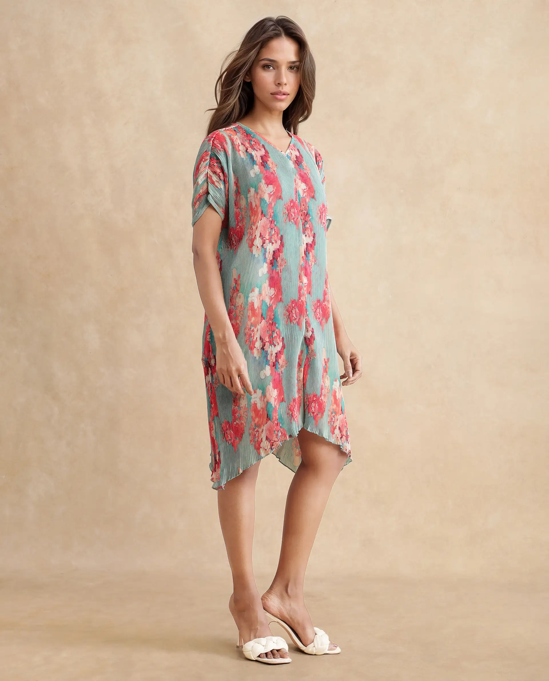 Rareism Women's Dellusion Multi Polyester Blend V-Neck Floral Print Extended Sleeves Mini Asymmetric Dress - Image 7