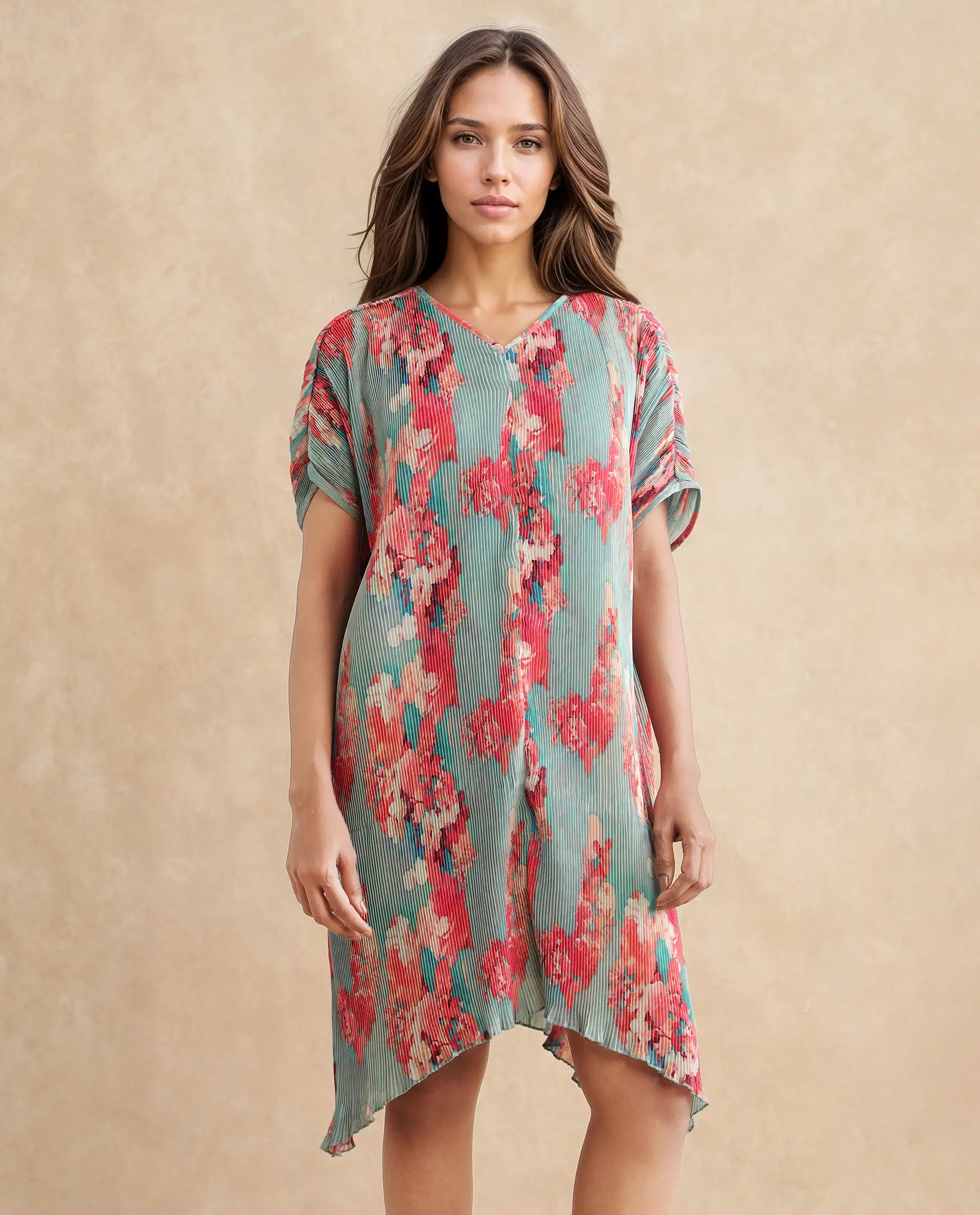 Rareism Women's Dellusion Multi Polyester Blend V-Neck Floral Print Extended Sleeves Mini Asymmetric Dress - Image 9