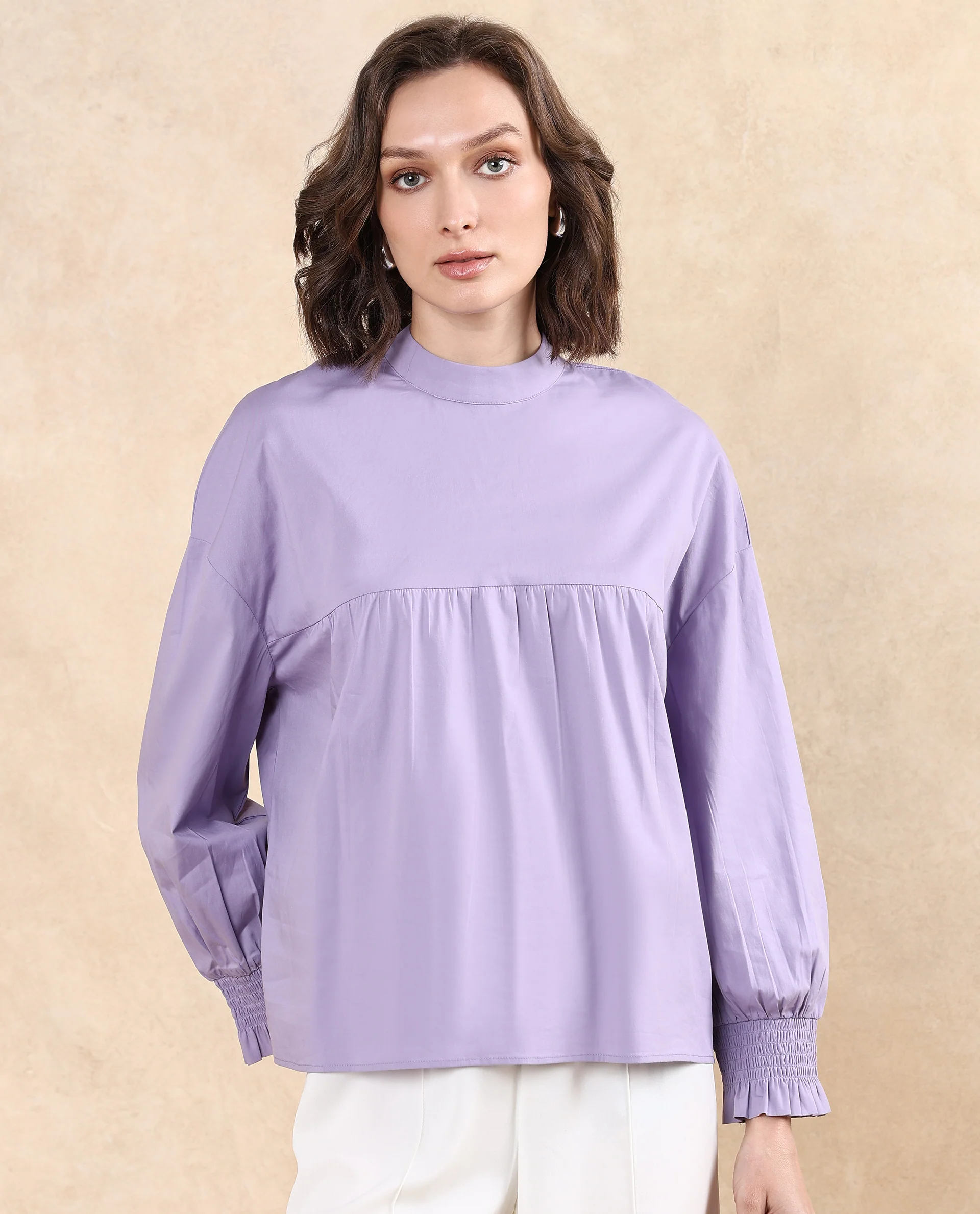 Rareism Women's Delpo Dusky Purple Cotton Blend High Neck Plain Bishop Sleeve Relaxed Fit Top - Image 2