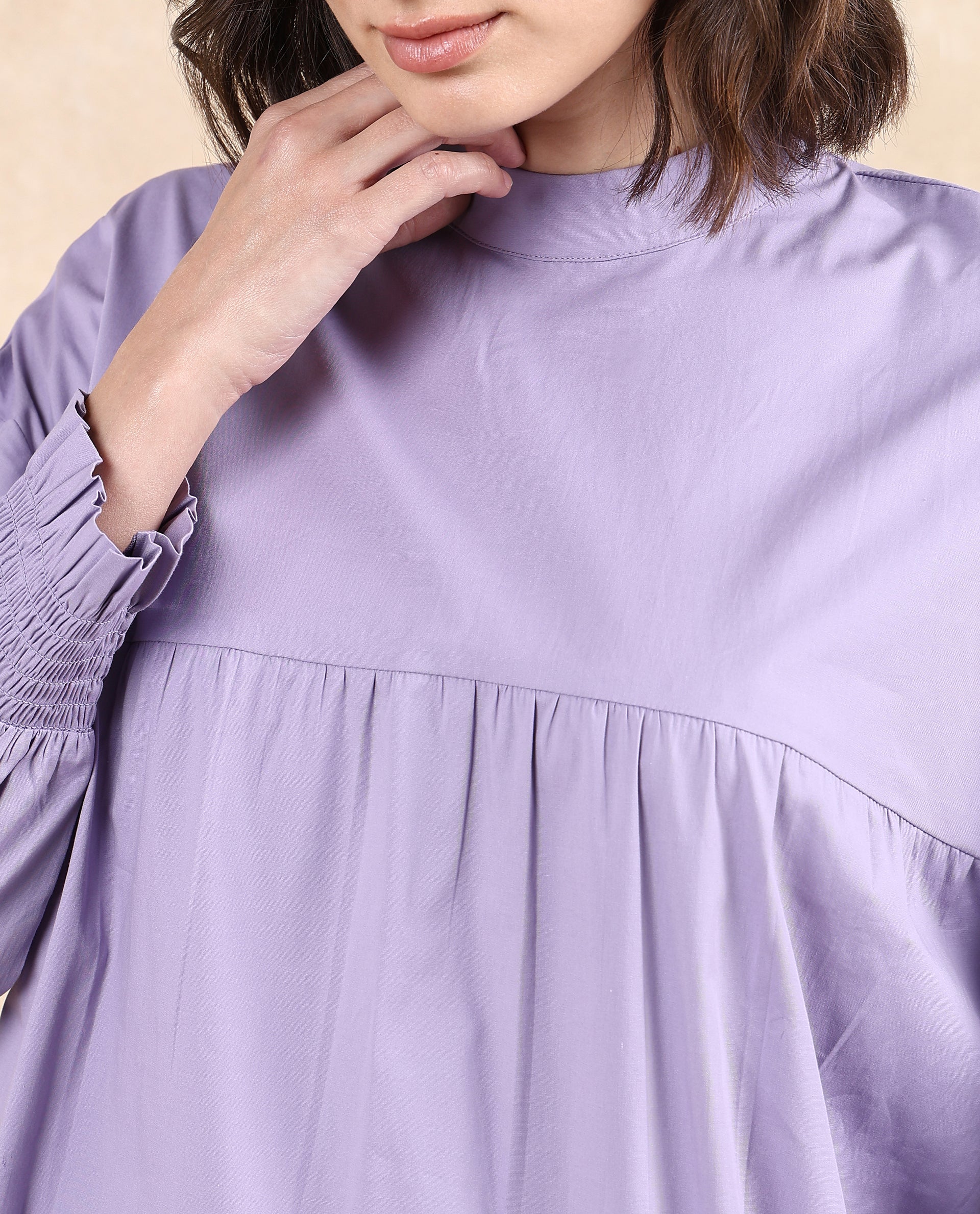 Rareism Women's Delpo Dusky Purple Cotton Blend High Neck Plain Bishop Sleeve Relaxed Fit Top - Image 3
