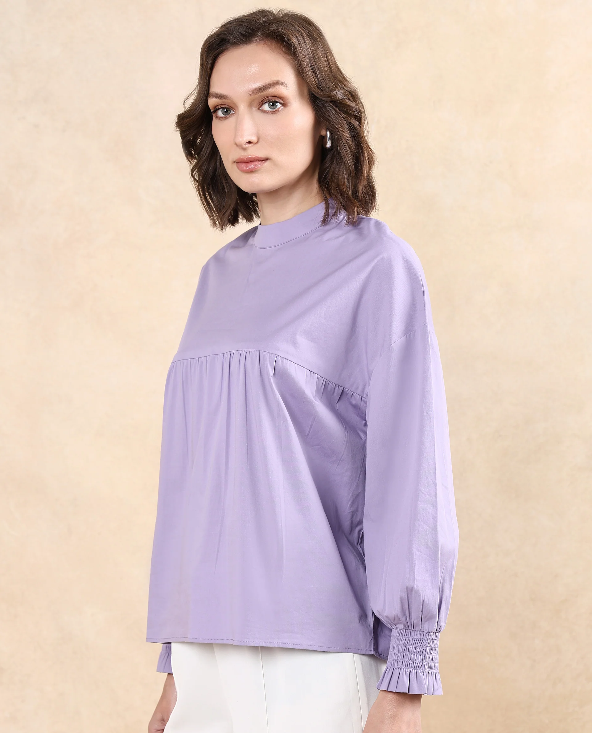 Rareism Women's Delpo Dusky Purple Cotton Blend High Neck Plain Bishop Sleeve Relaxed Fit Top - Image 4