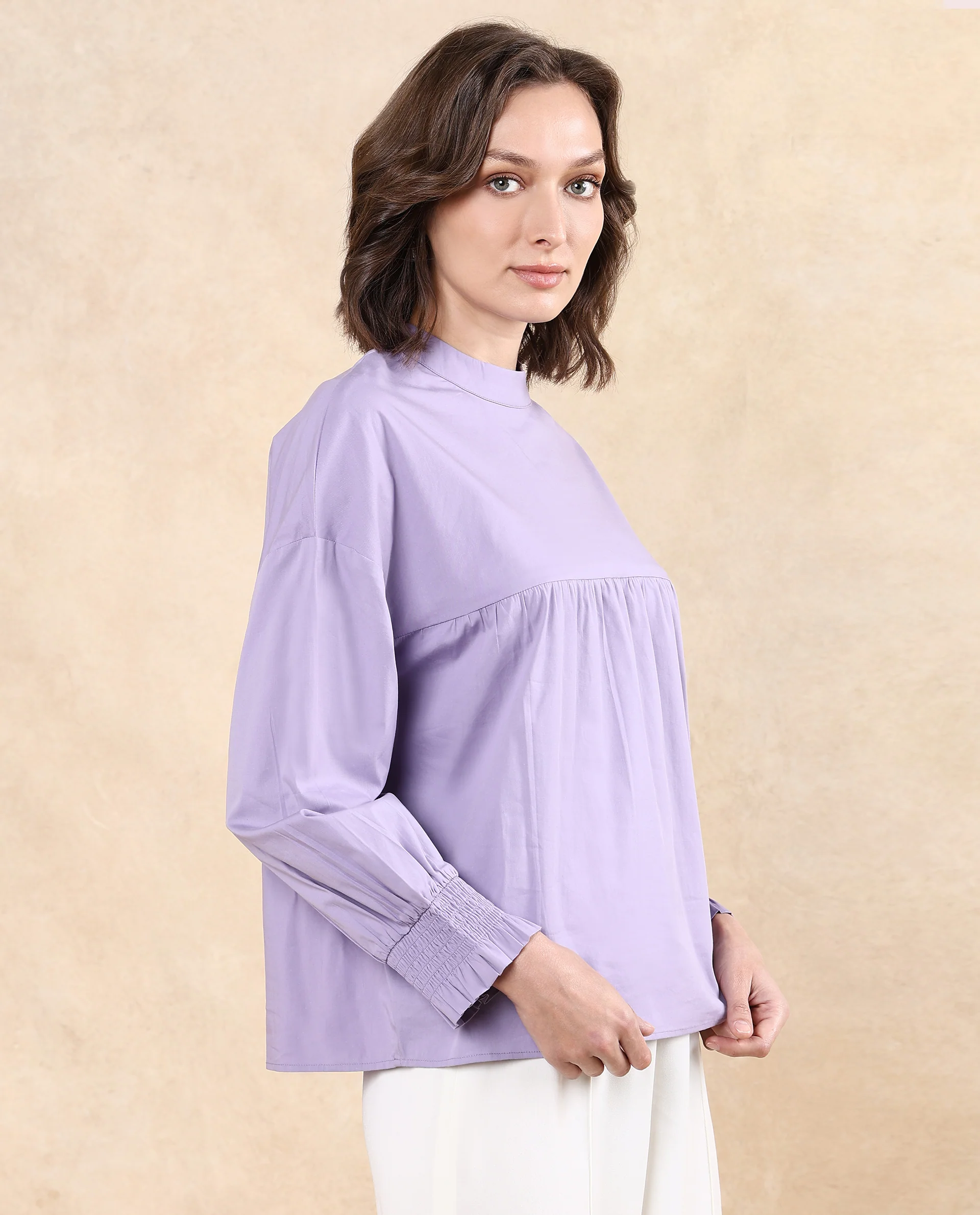 Rareism Women's Delpo Dusky Purple Cotton Blend High Neck Plain Bishop Sleeve Relaxed Fit Top - Image 5