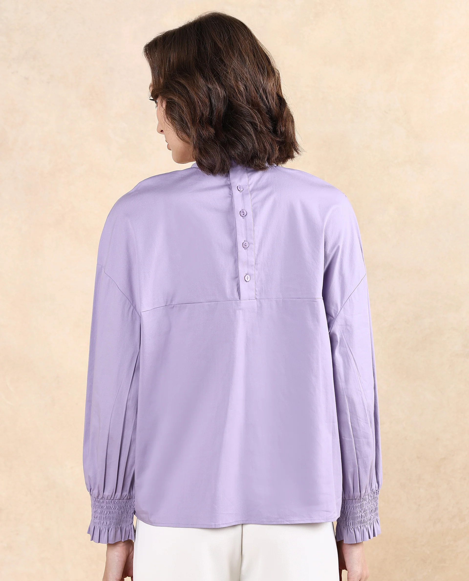 Rareism Women's Delpo Dusky Purple Cotton Blend High Neck Plain Bishop Sleeve Relaxed Fit Top - Image 6