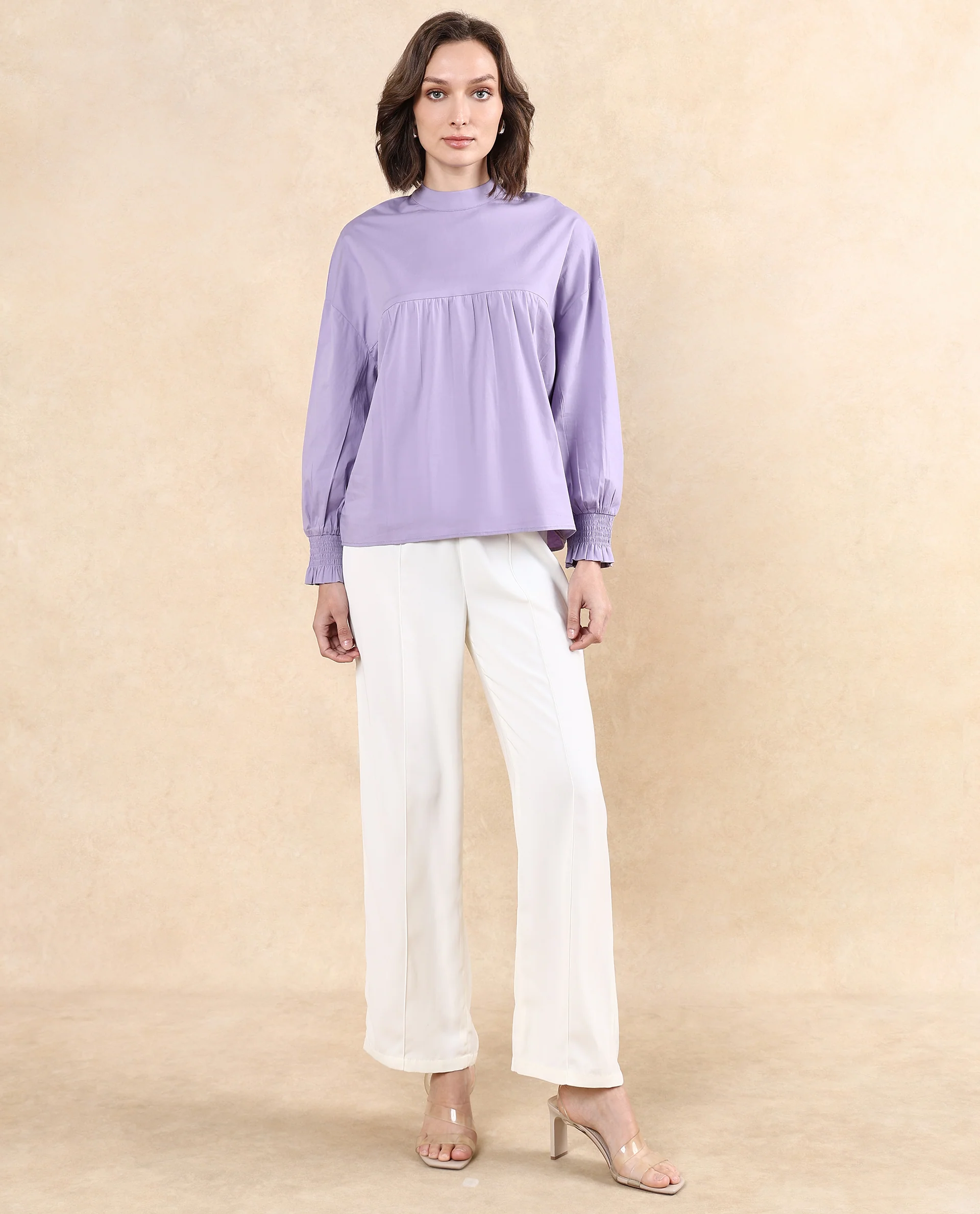 Rareism Women's Delpo Dusky Purple Cotton Blend High Neck Plain Bishop Sleeve Relaxed Fit Top - Image 7
