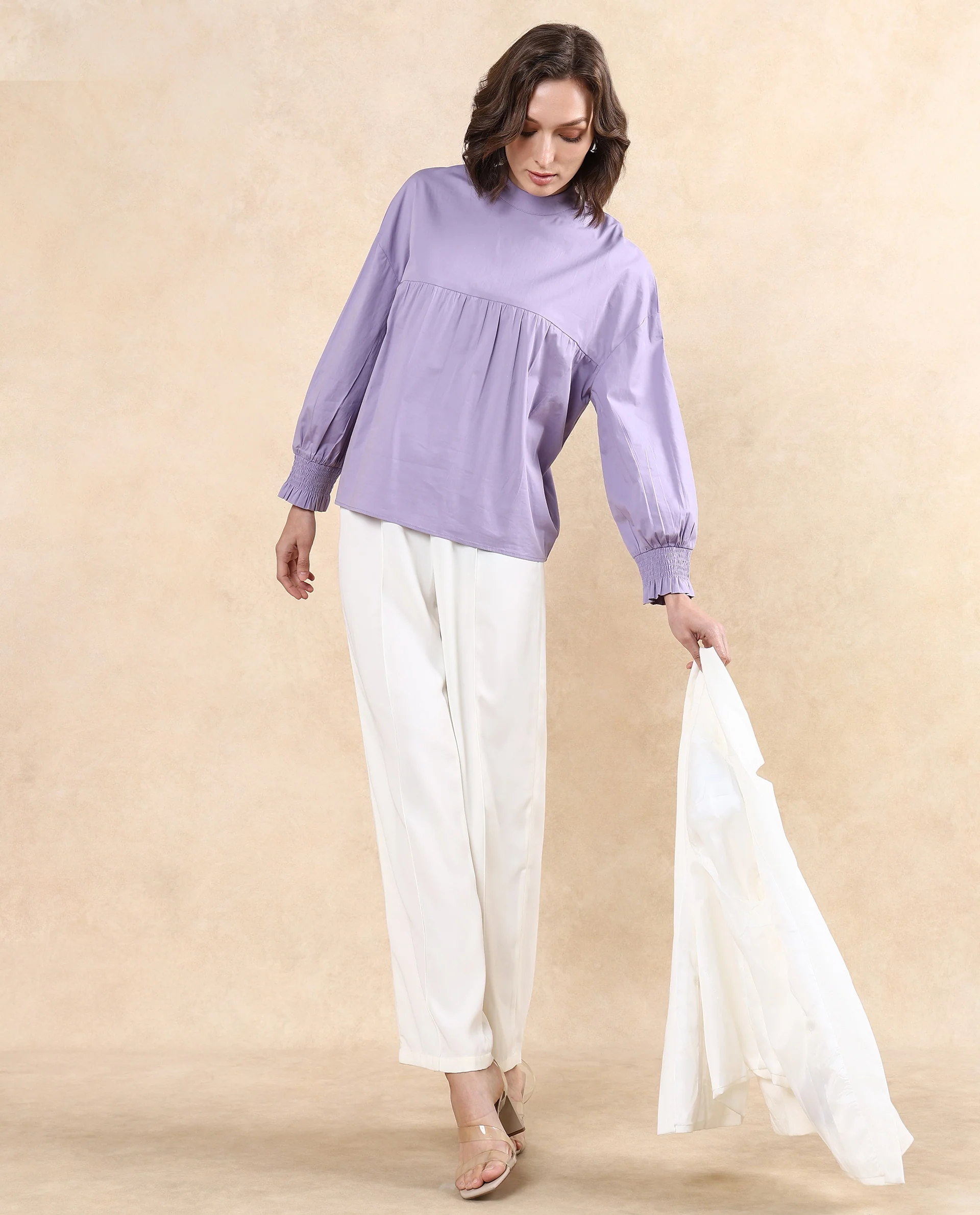 Rareism Women's Delpo Dusky Purple Cotton Blend High Neck Plain Bishop Sleeve Relaxed Fit Top - Image 8