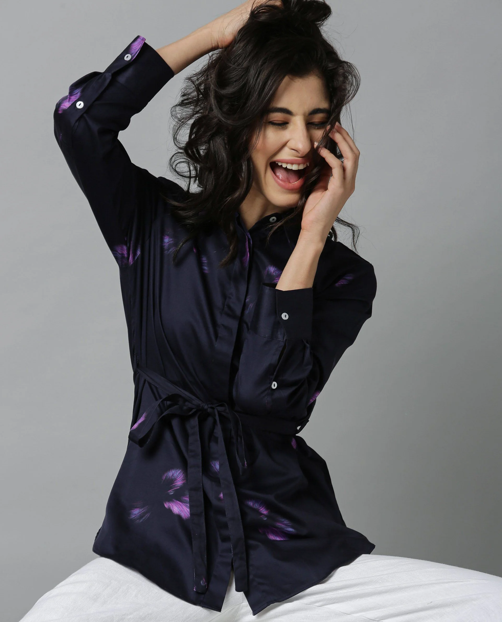 Rareism Women Demi Navy Top Full Sleeves Printed