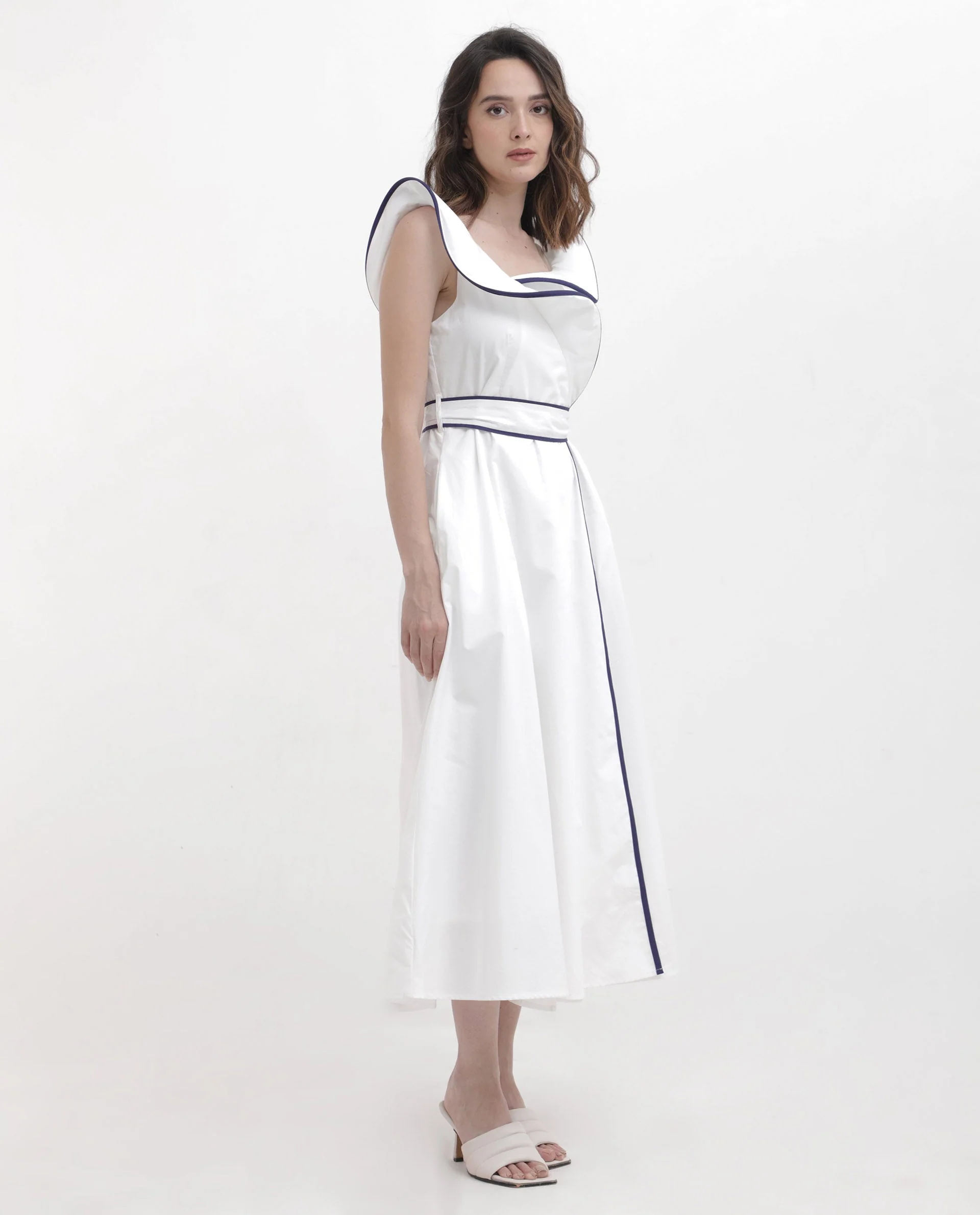 Rareism Women's Demono White Cotton Spread Collar Plain Sleeveless Maxi Fit And Flare Dress - Image 10