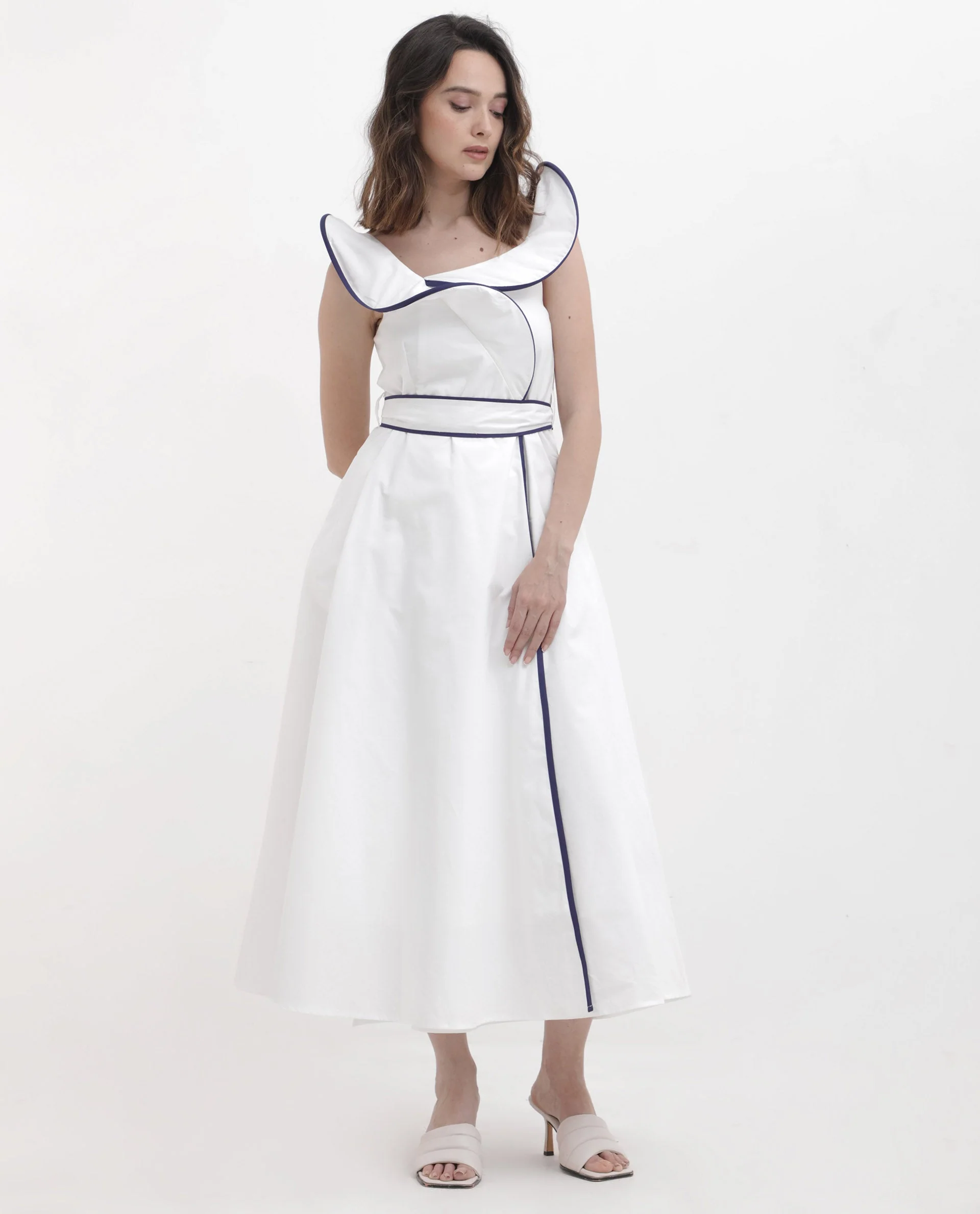 Rareism Women's Demono White Cotton Spread Collar Plain Sleeveless Maxi Fit And Flare Dress - Image 3