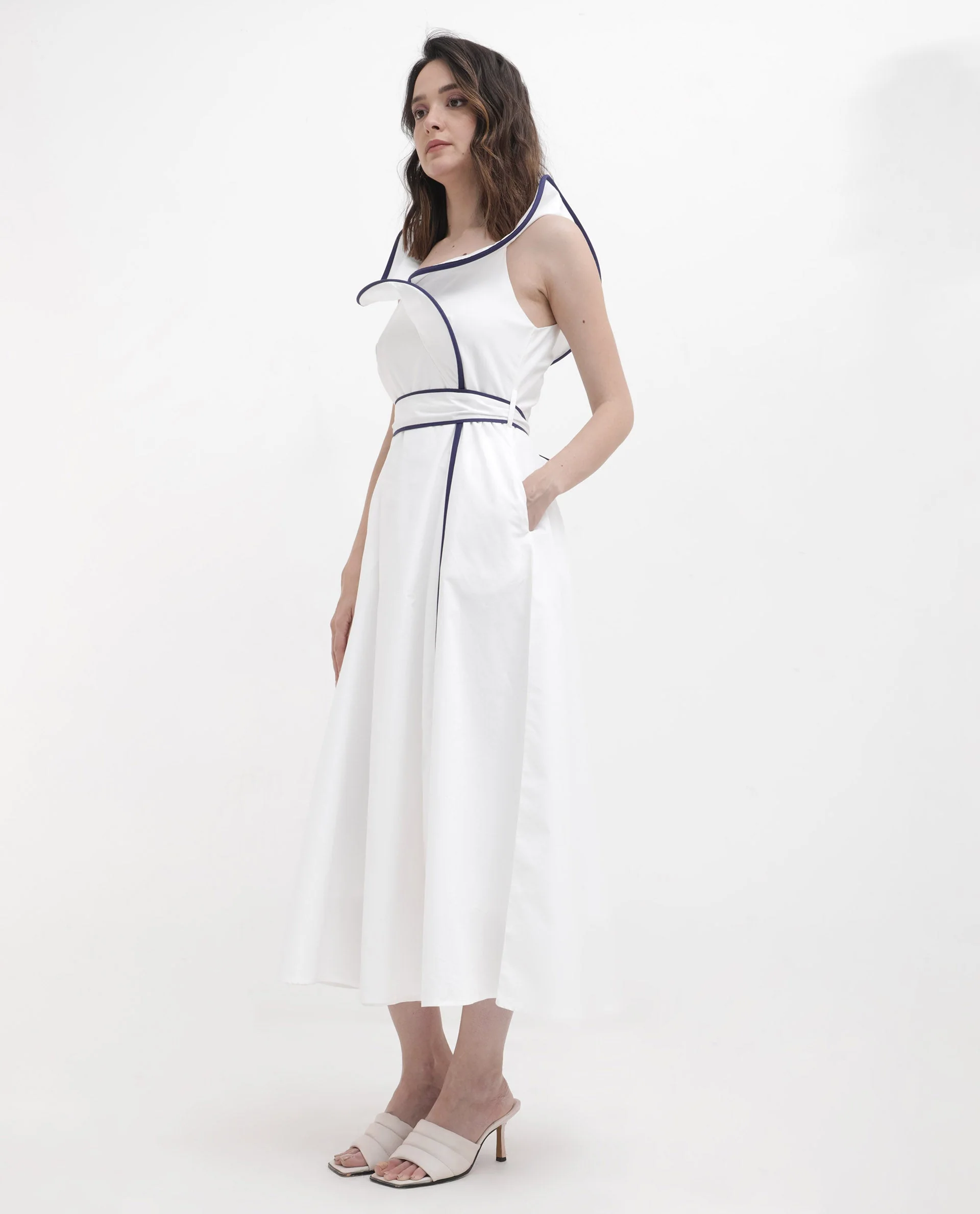 Rareism Women's Demono White Cotton Spread Collar Plain Sleeveless Maxi Fit And Flare Dress - Image 5