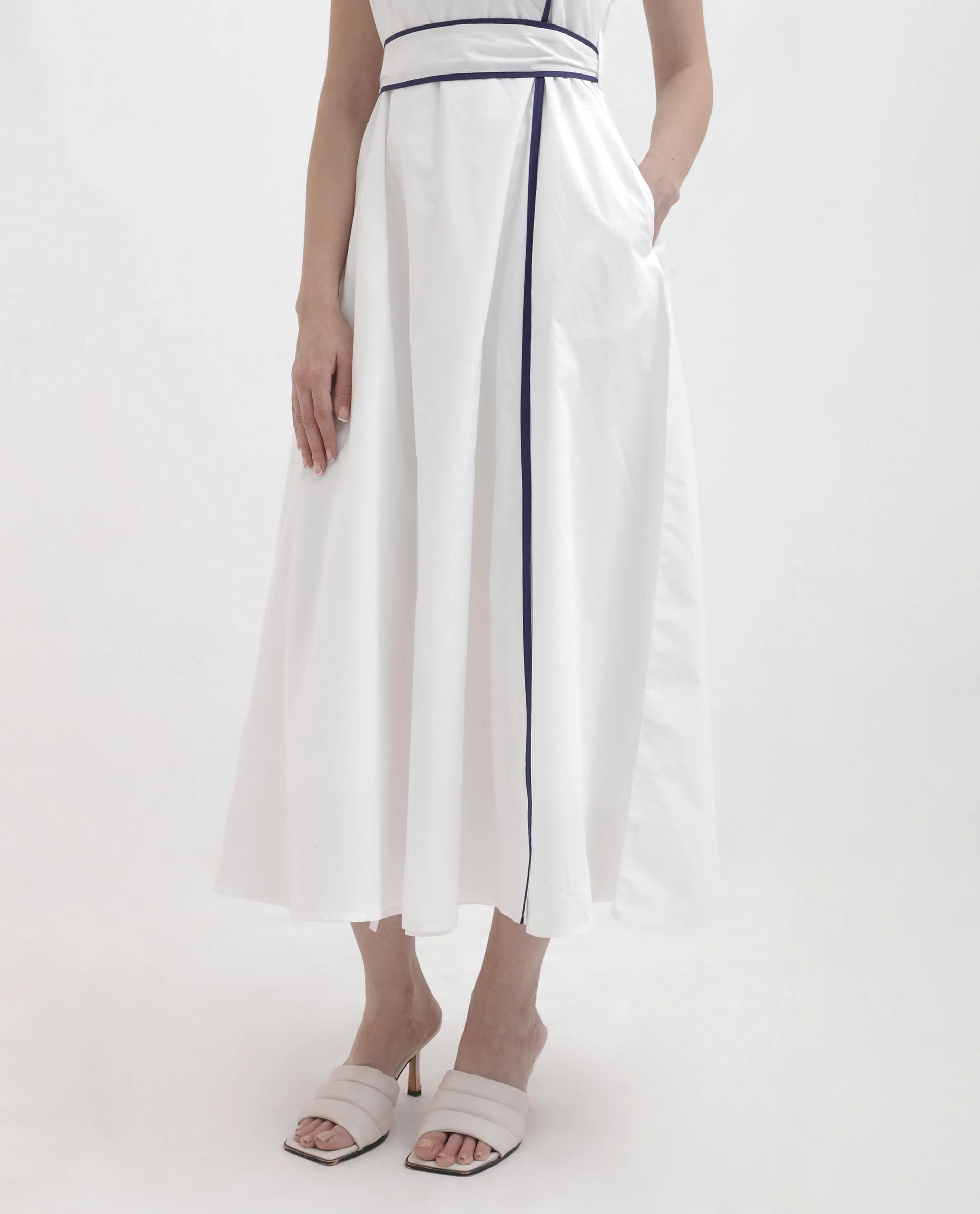Rareism Women's Demono White Cotton Spread Collar Plain Sleeveless Maxi Fit And Flare Dress - Image 6