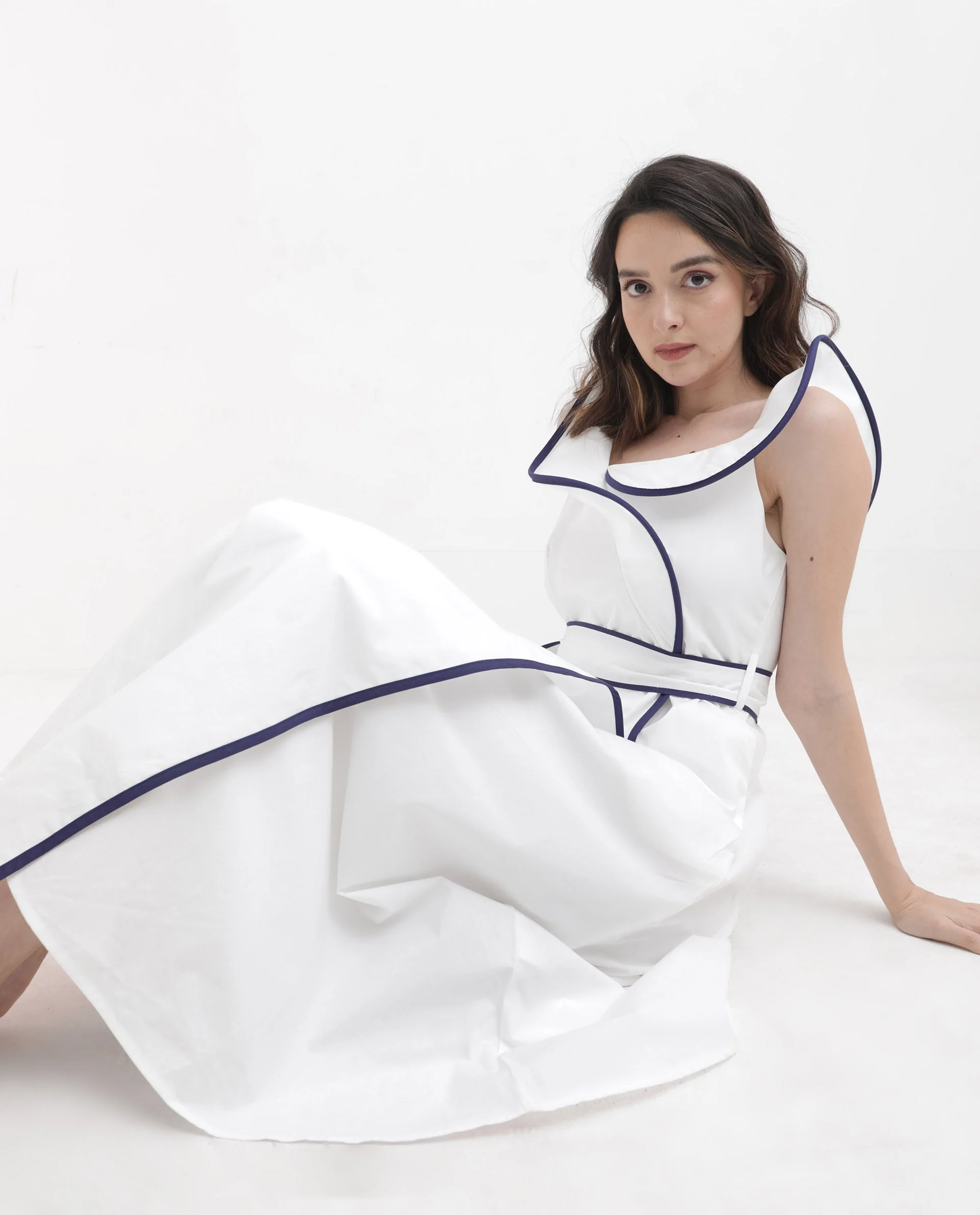 Rareism Women's Demono White Cotton Spread Collar Plain Sleeveless Maxi Fit And Flare Dress - Image 7