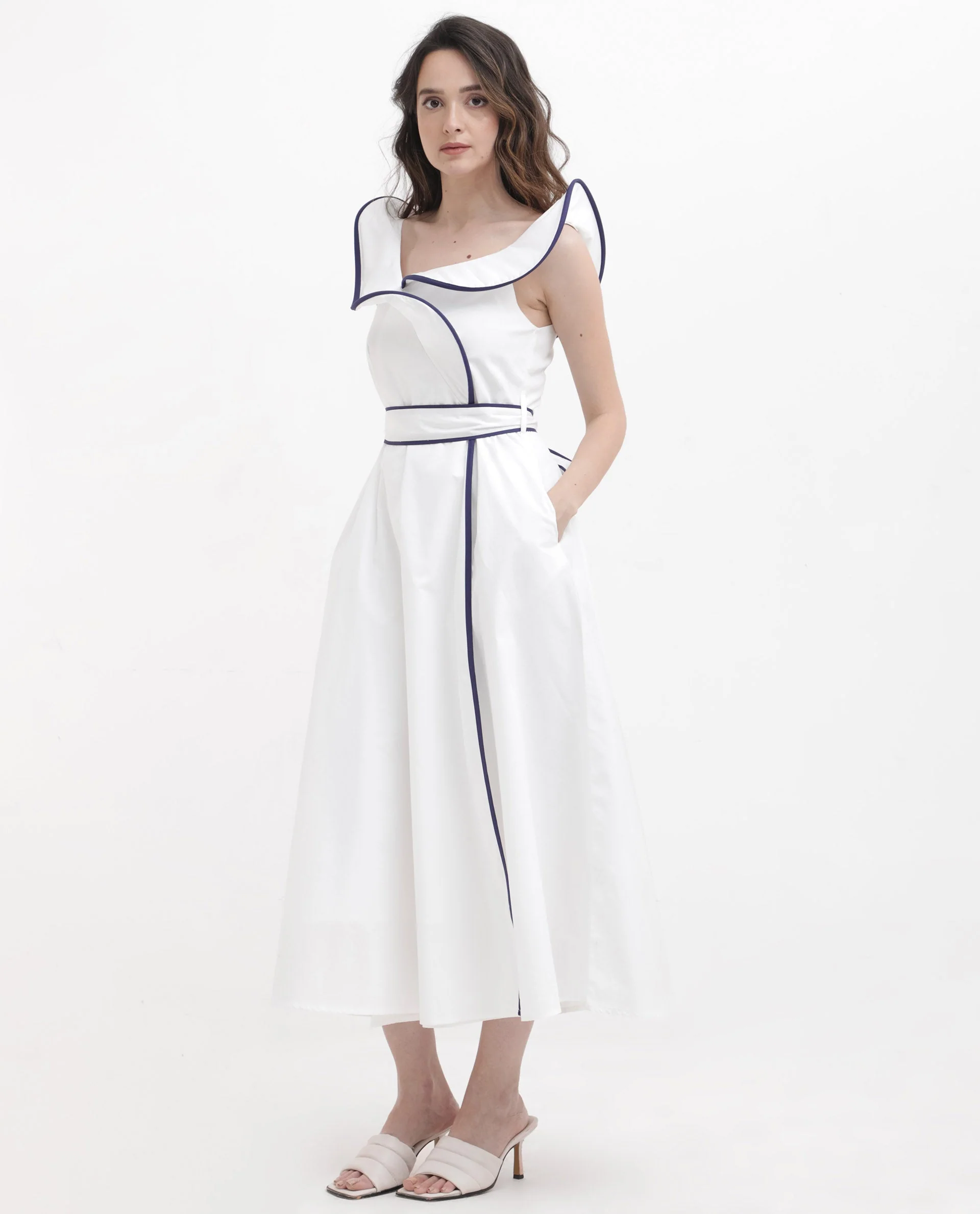Rareism Women's Demono White Cotton Spread Collar Plain Sleeveless Maxi Fit And Flare Dress - Image 8