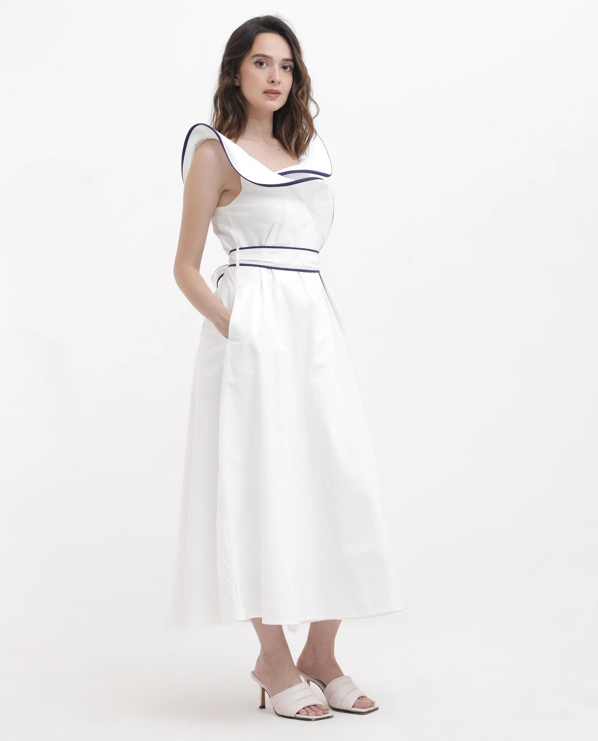Rareism Women's Demono White Cotton Spread Collar Plain Sleeveless Maxi Fit And Flare Dress - Image 9