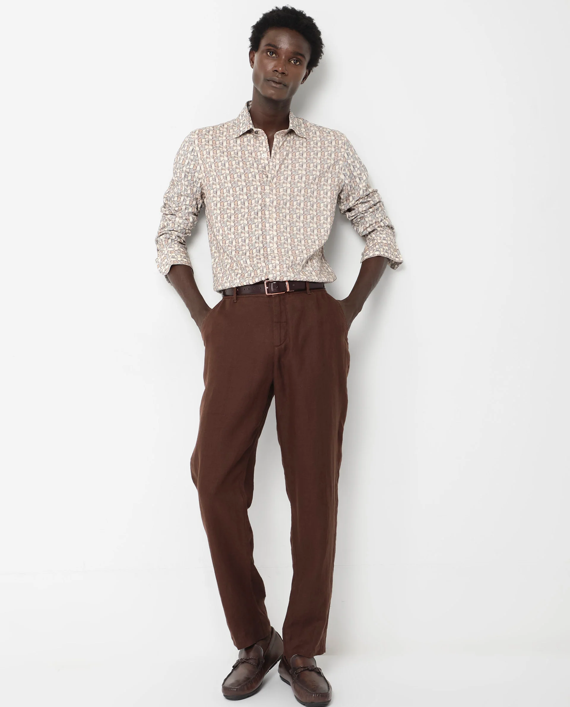 Rare Rabbit Men's Denberg Ls Beige Viscose Geometric Print Regular Fit Full Sleeve Collared Shirt - Image 2