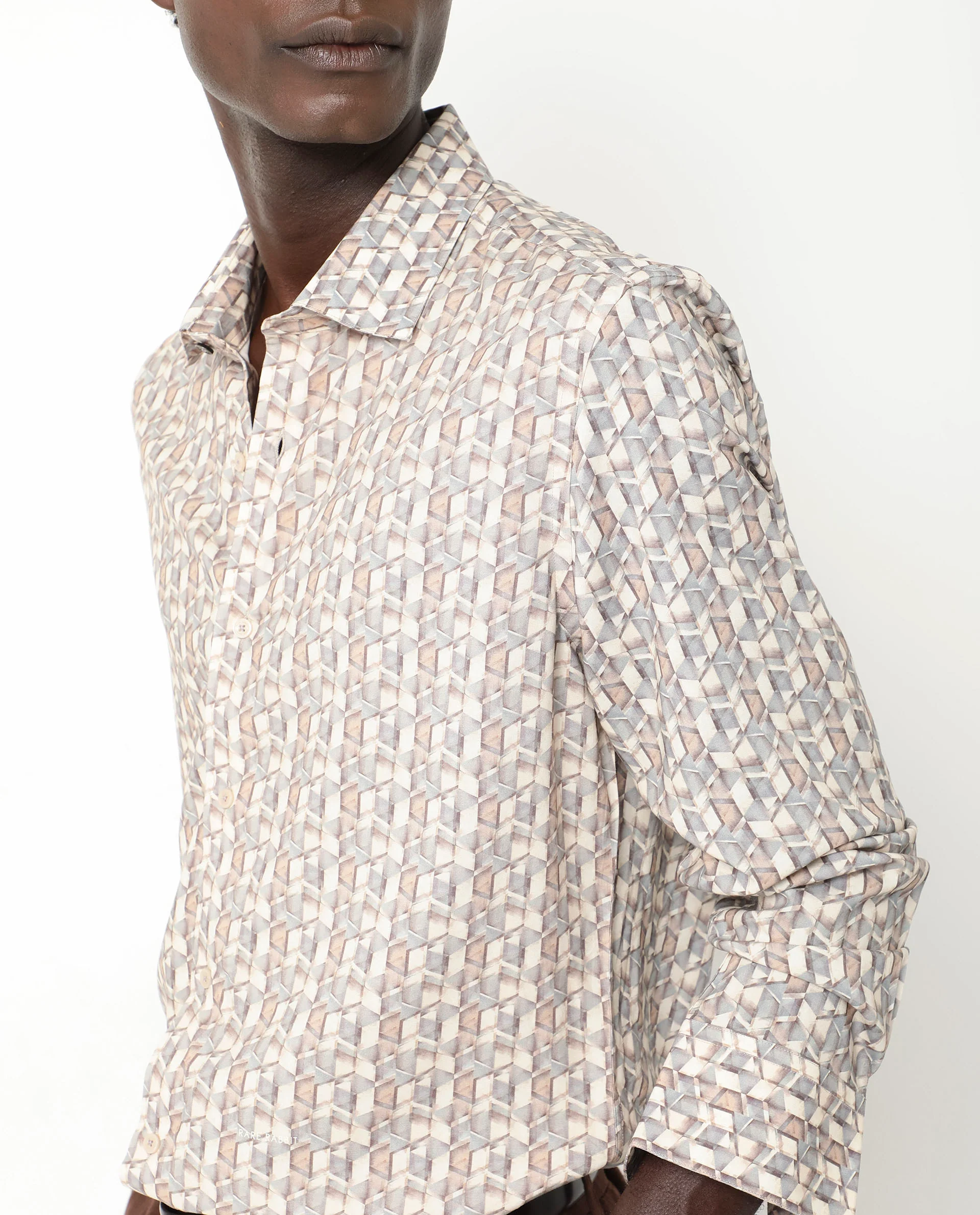 Rare Rabbit Men's Denberg Ls Beige Viscose Geometric Print Regular Fit Full Sleeve Collared Shirt - Image 3