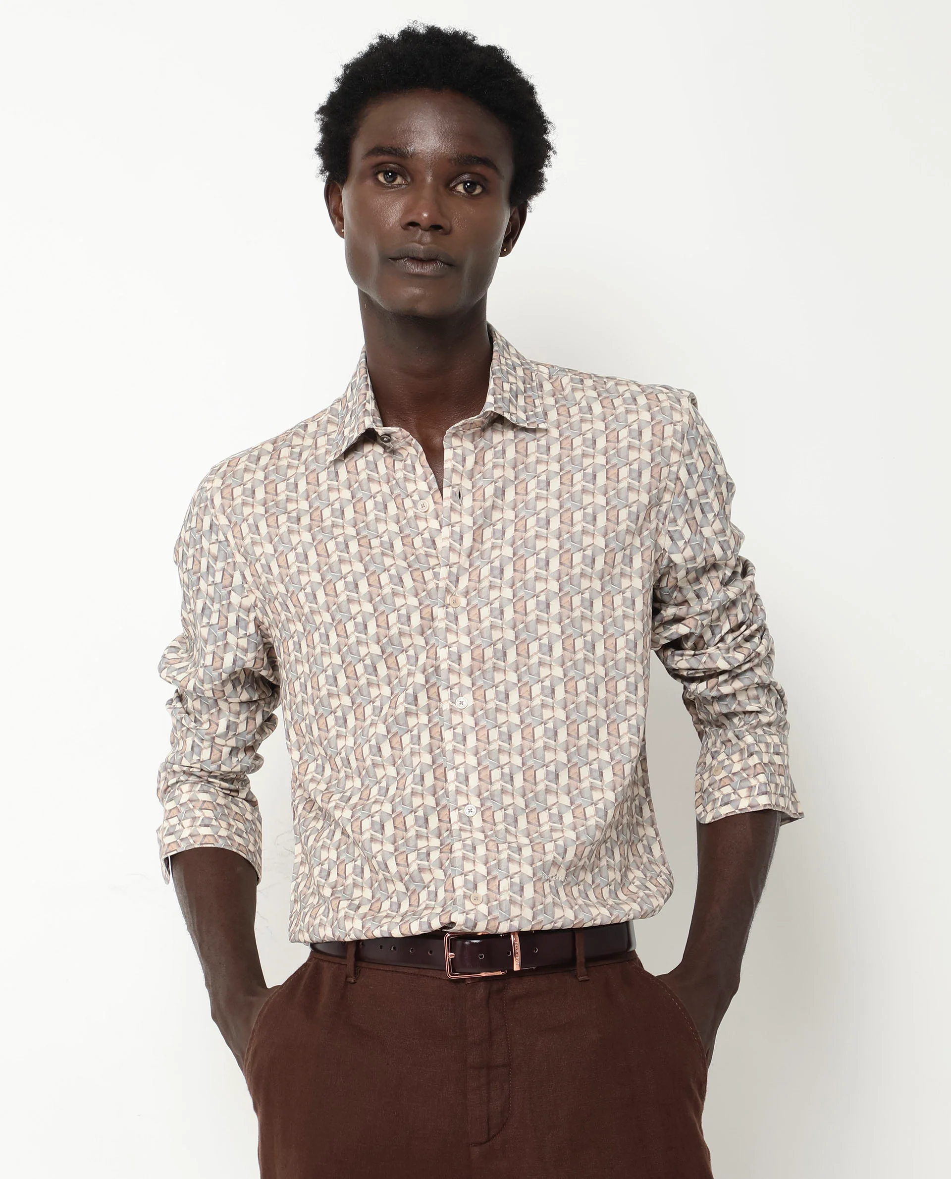 Rare Rabbit Men's Denberg Ls Beige Viscose Geometric Print Regular Fit Full Sleeve Collared Shirt - Image 4