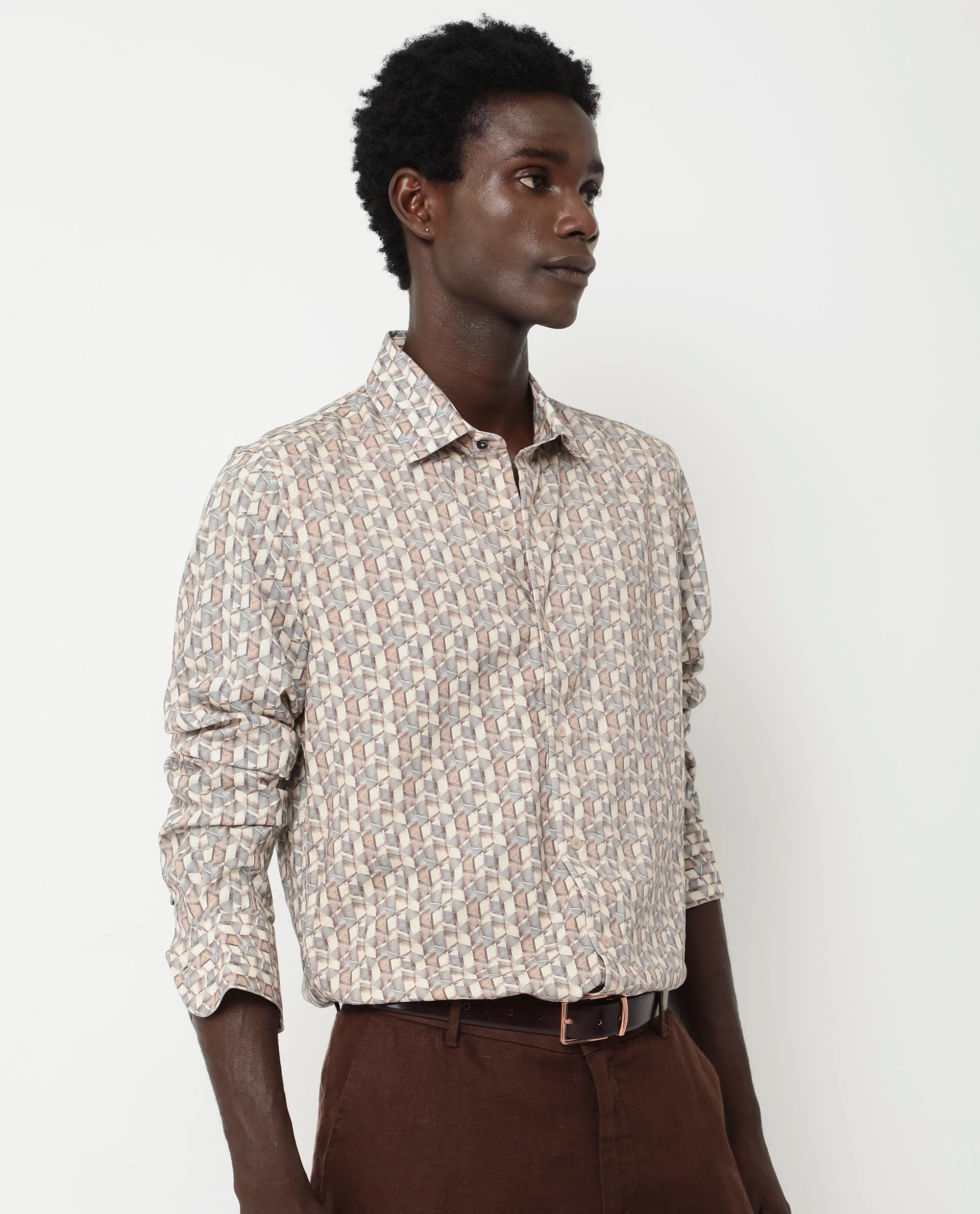 Rare Rabbit Men's Denberg Ls Beige Viscose Geometric Print Regular Fit Full Sleeve Collared Shirt - Image 5