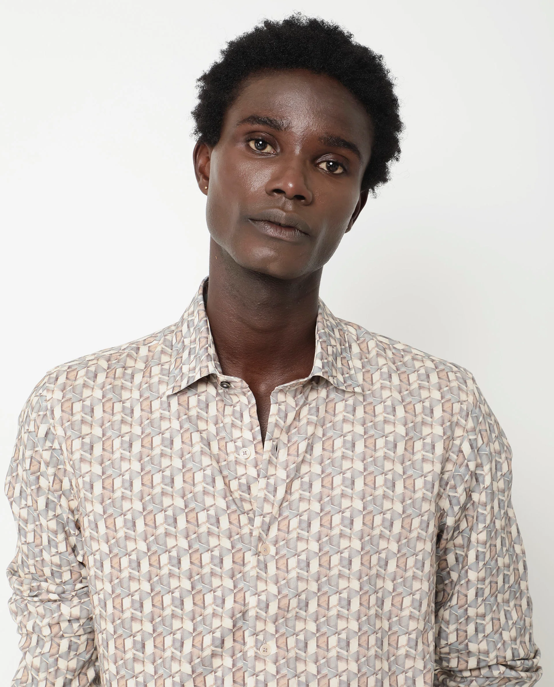 Rare Rabbit Men's Denberg Ls Beige Viscose Geometric Print Regular Fit Full Sleeve Collared Shirt - Image 6