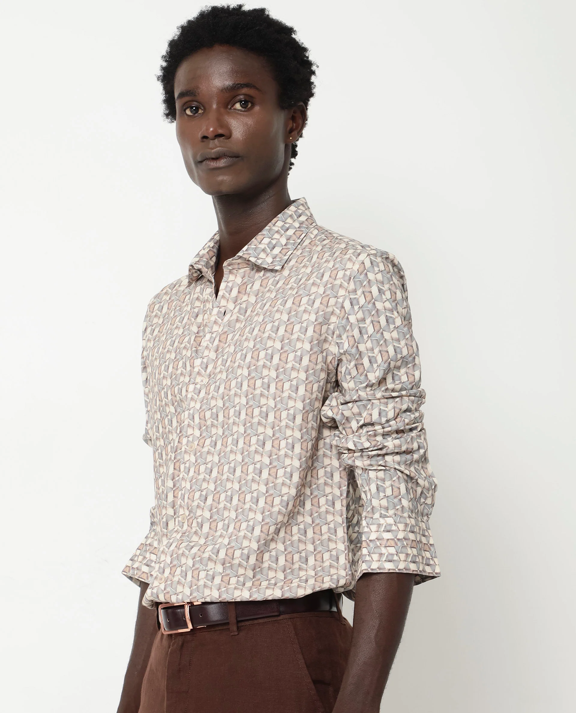 Rare Rabbit Men's Denberg Ls Beige Viscose Geometric Print Regular Fit Full Sleeve Collared Shirt - Image 7