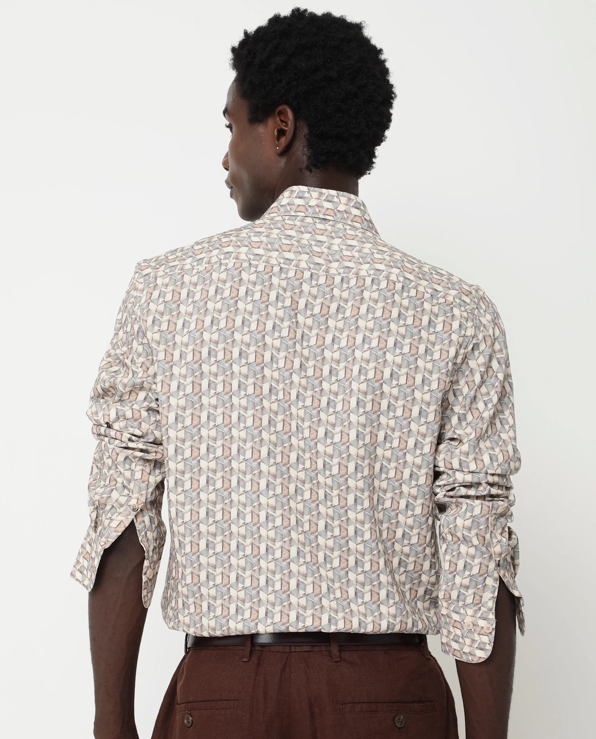 Rare Rabbit Men's Denberg Ls Beige Viscose Geometric Print Regular Fit Full Sleeve Collared Shirt - Image 8