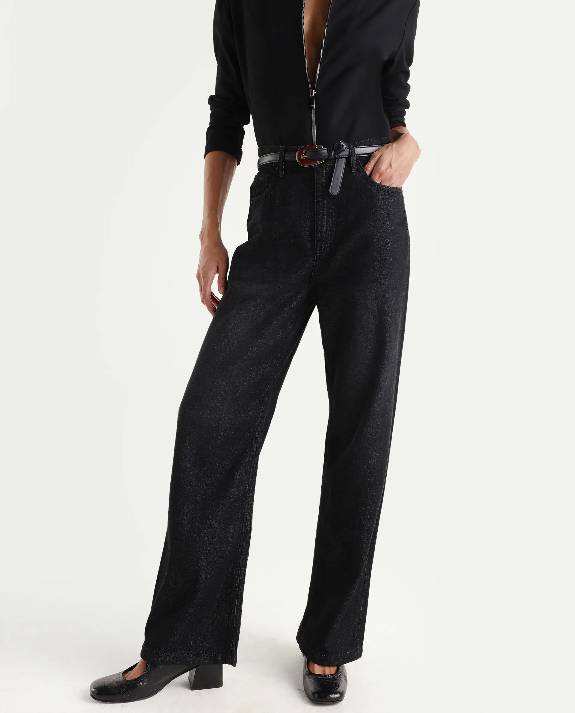 Rareism Women's Dency Black Cotton Straight Plain Jeans - Image 2