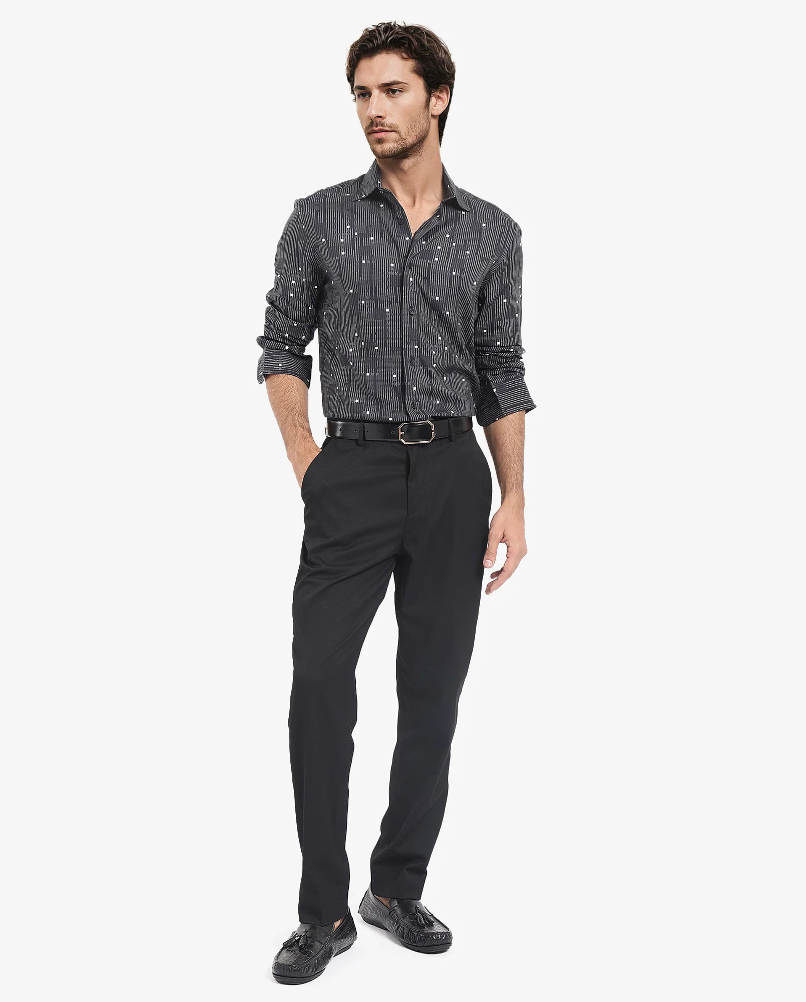 Rare Rabbit Men's Deneb Dark Blue Viscose Geometric Print Regular Fit Full Sleeve Collared Shirt - Image 2