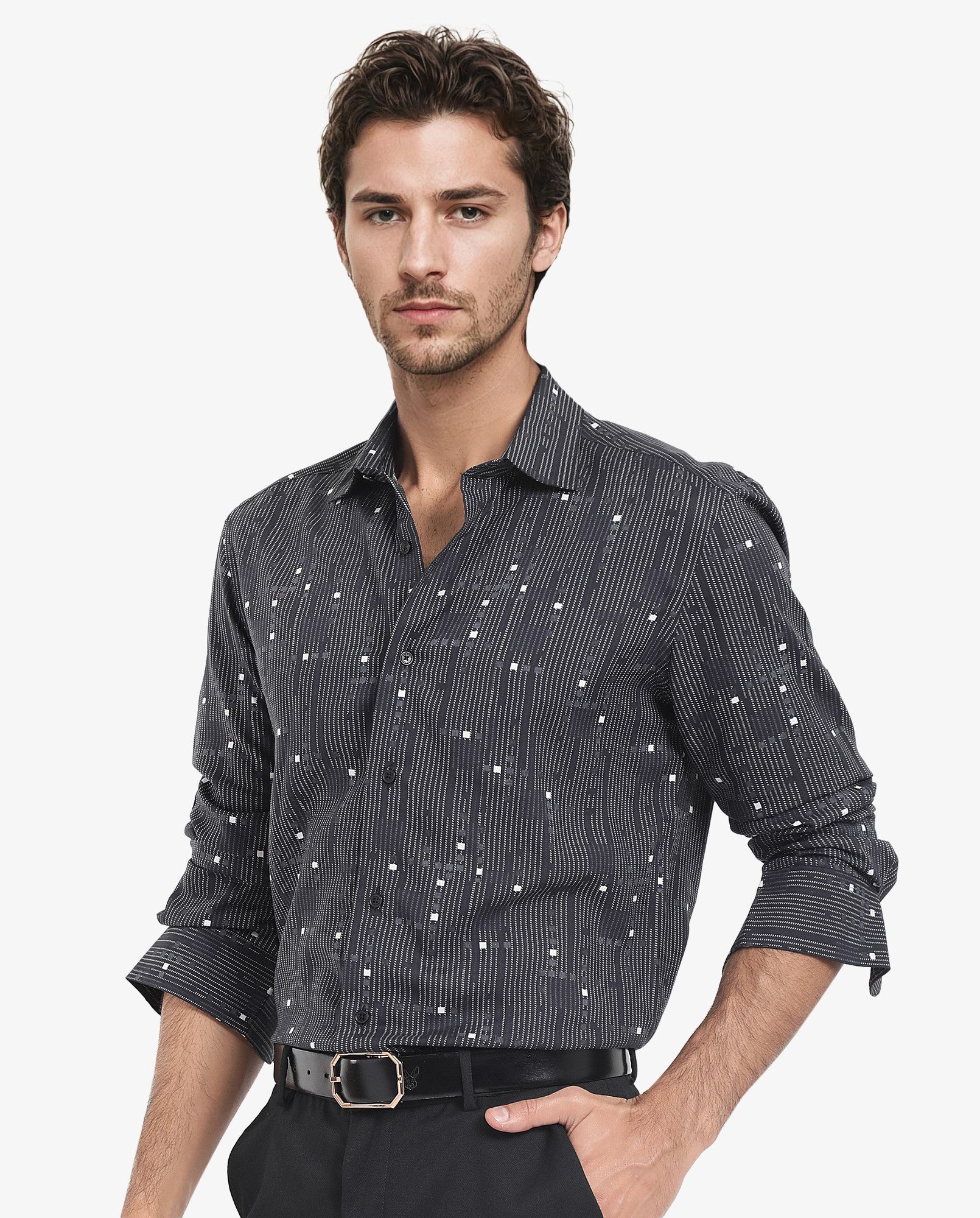 Rare Rabbit Men's Deneb Dark Blue Viscose Geometric Print Regular Fit Full Sleeve Collared Shirt - Image 3