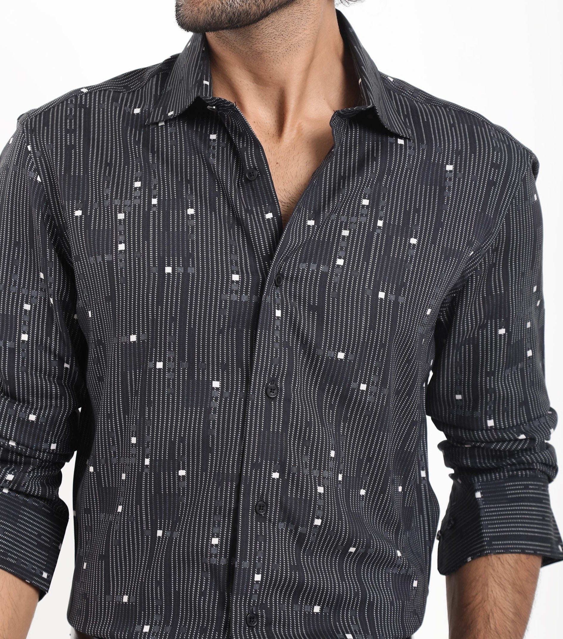 Rare Rabbit Men's Deneb Dark Blue Viscose Geometric Print Regular Fit Full Sleeve Collared Shirt - Image 4