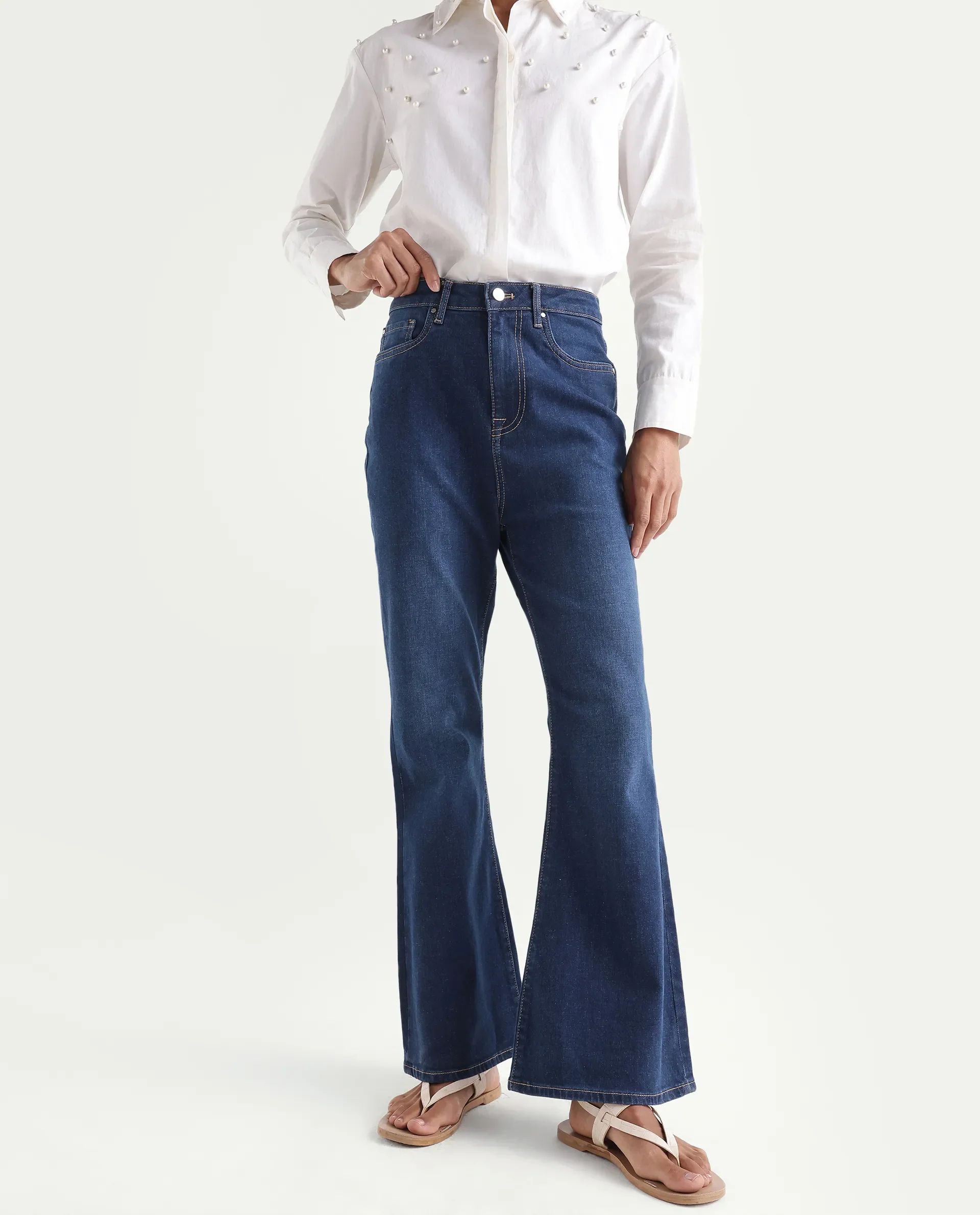 Rareism Women's Denfa Dark Blue Cotton Blend Bootcut Plain Jeans - Image 2