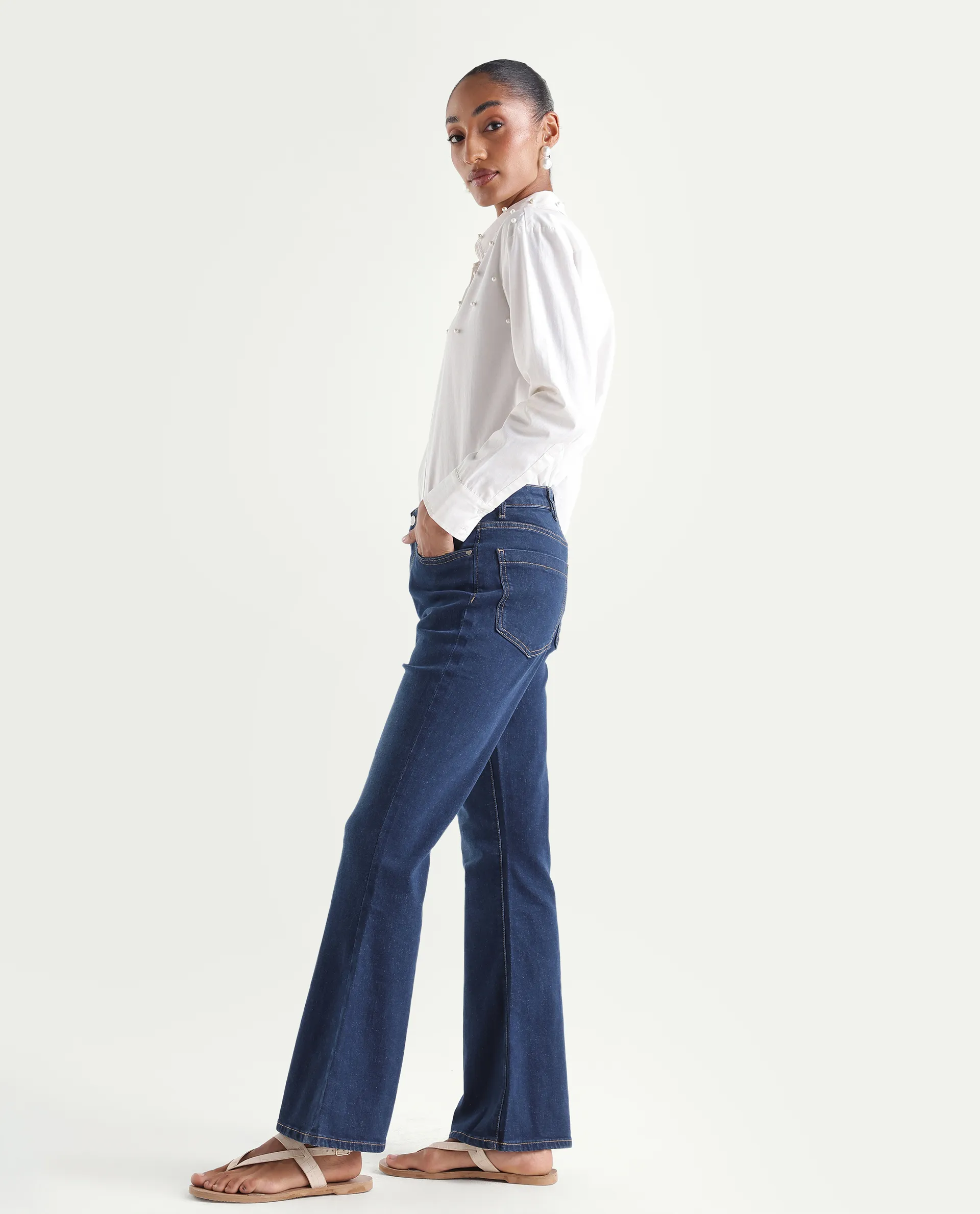 Rareism Women's Denfa Dark Blue Cotton Blend Bootcut Plain Jeans - Image 5