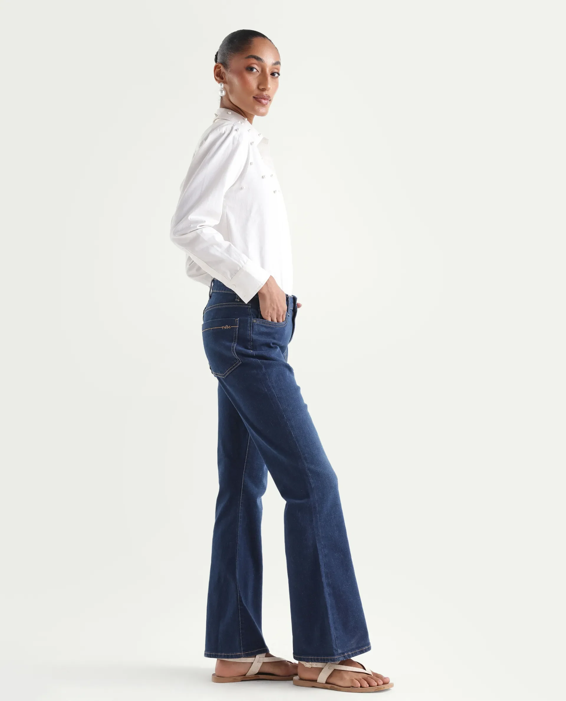 Rareism Women's Denfa Dark Blue Cotton Blend Bootcut Plain Jeans - Image 6