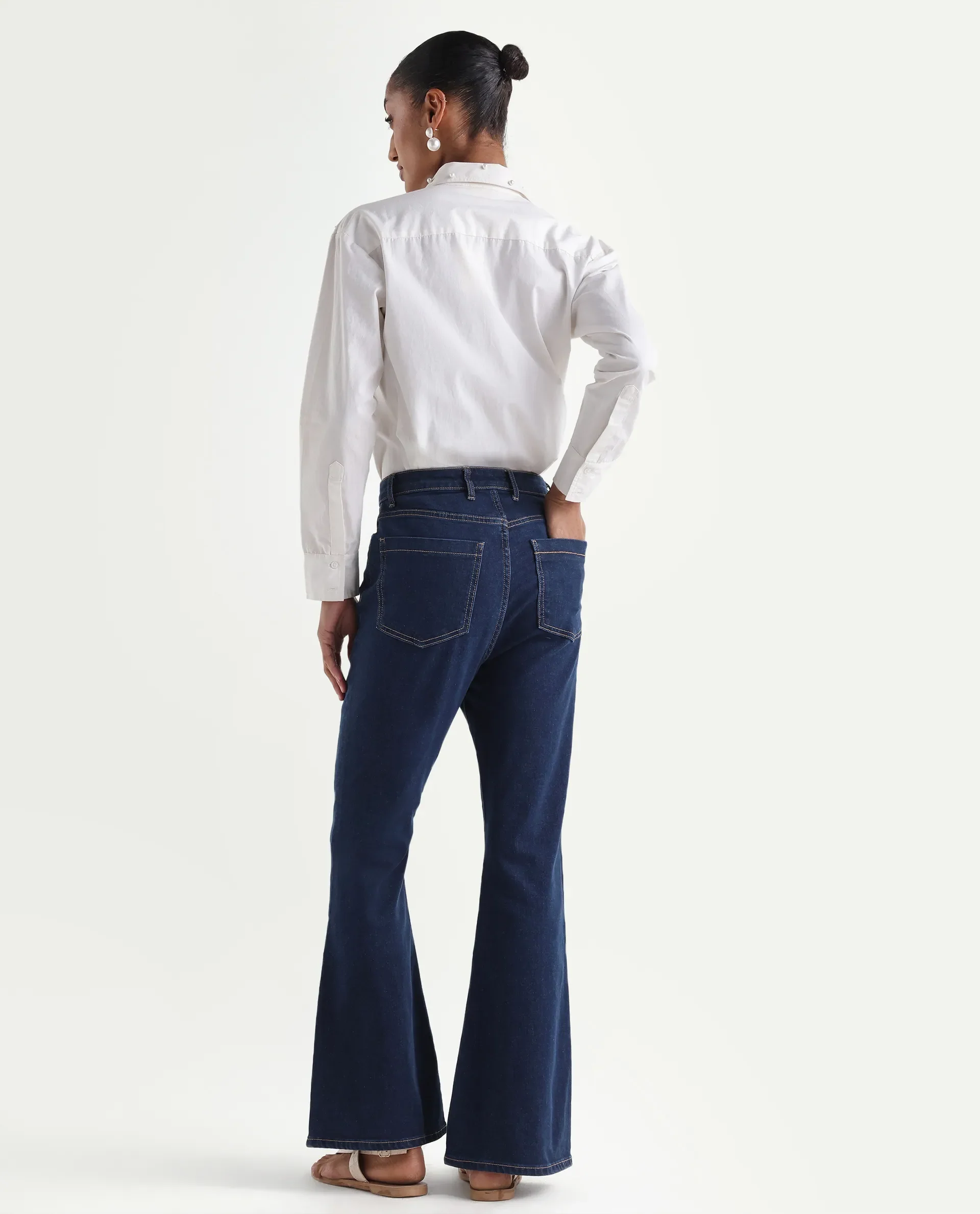 Rareism Women's Denfa Dark Blue Cotton Blend Bootcut Plain Jeans - Image 7