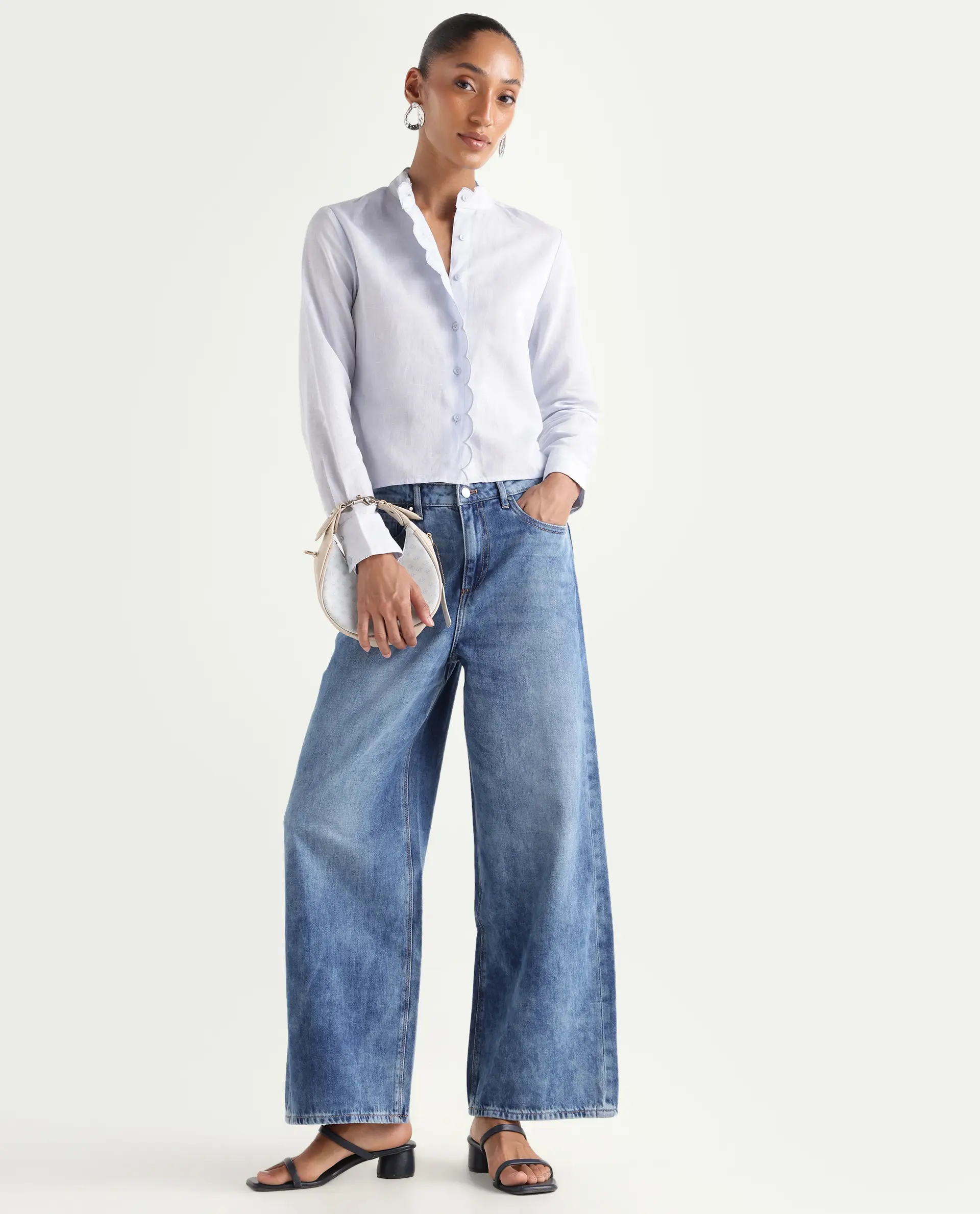 Rareism Women's Denil Light Blue Cotton Wide Leg Plain Jeans