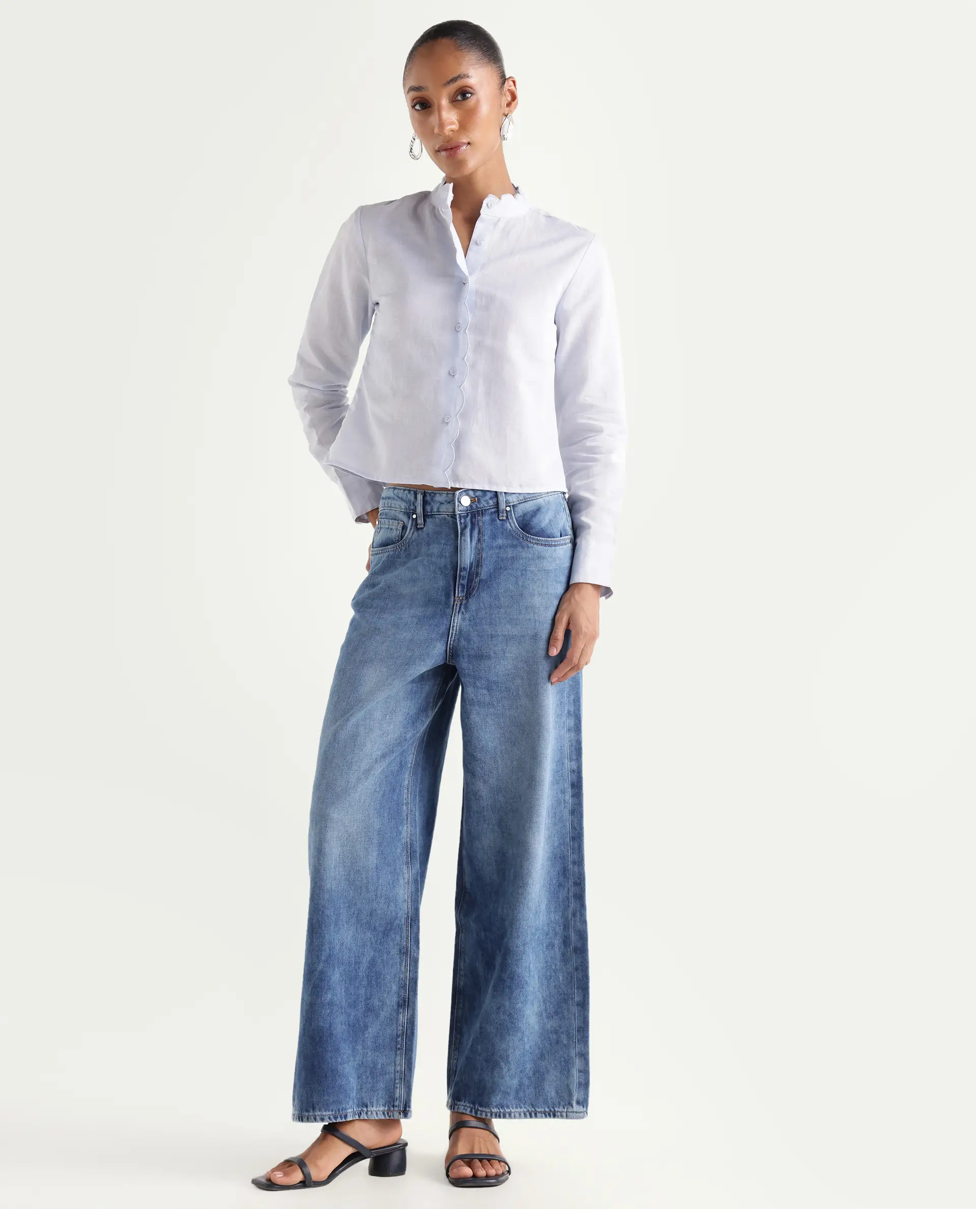Rareism Women's Denil Light Blue Cotton Wide Leg Plain Jeans - Image 2