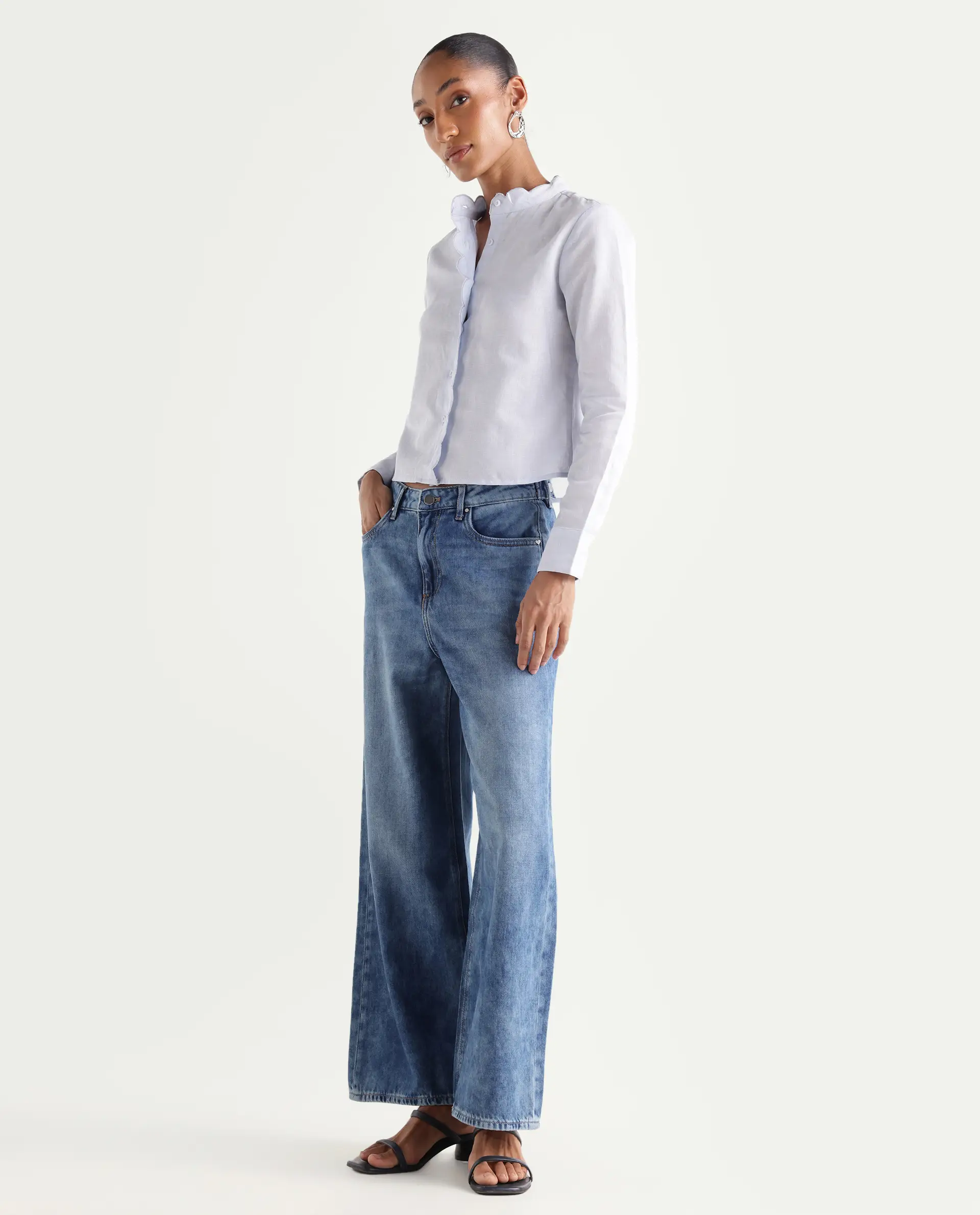 Rareism Women's Denil Light Blue Cotton Wide Leg Plain Jeans - Image 4