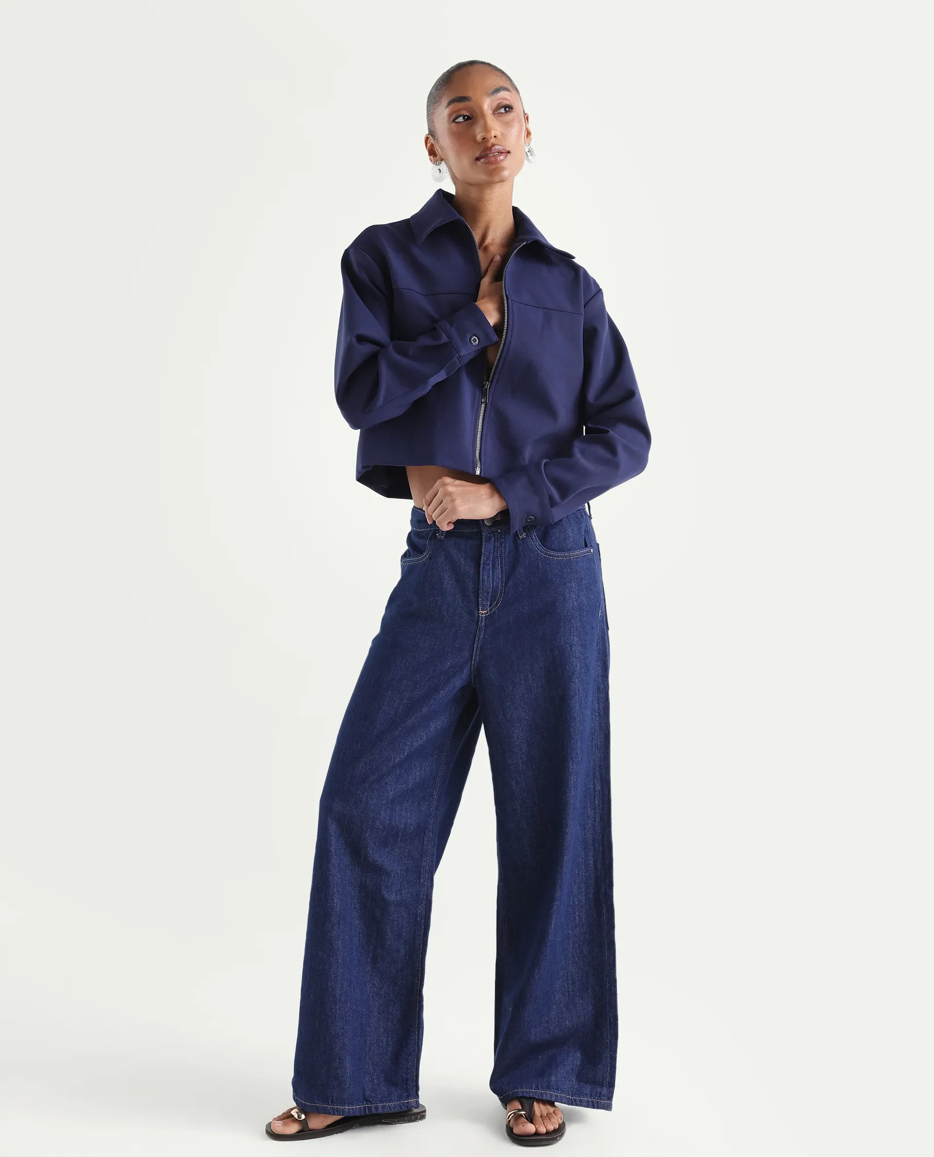 Rareism Women's Denio Dark Blue Cotton Wide Plain Jeans