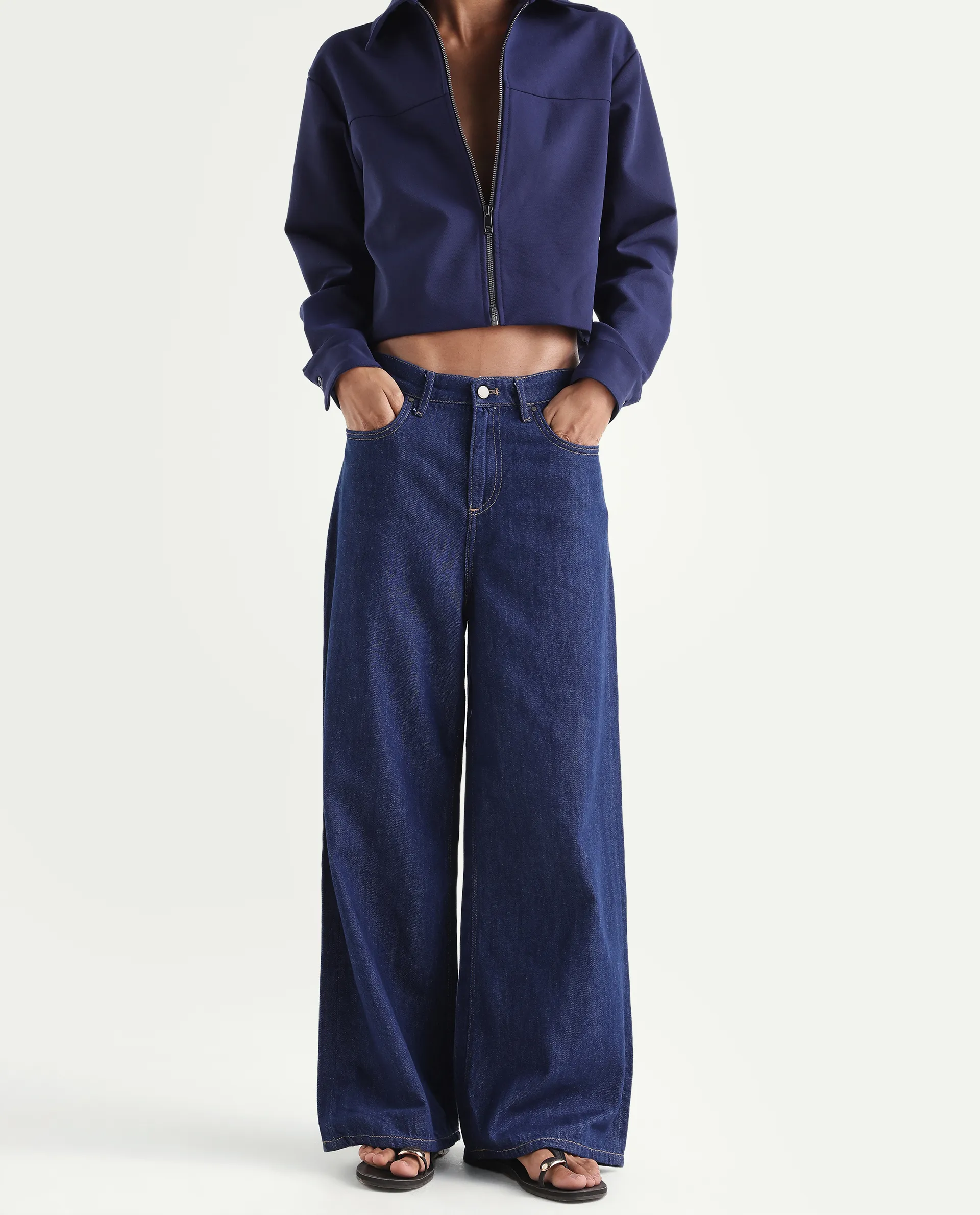 Rareism Women's Denio Dark Blue Cotton Wide Plain Jeans - Image 2