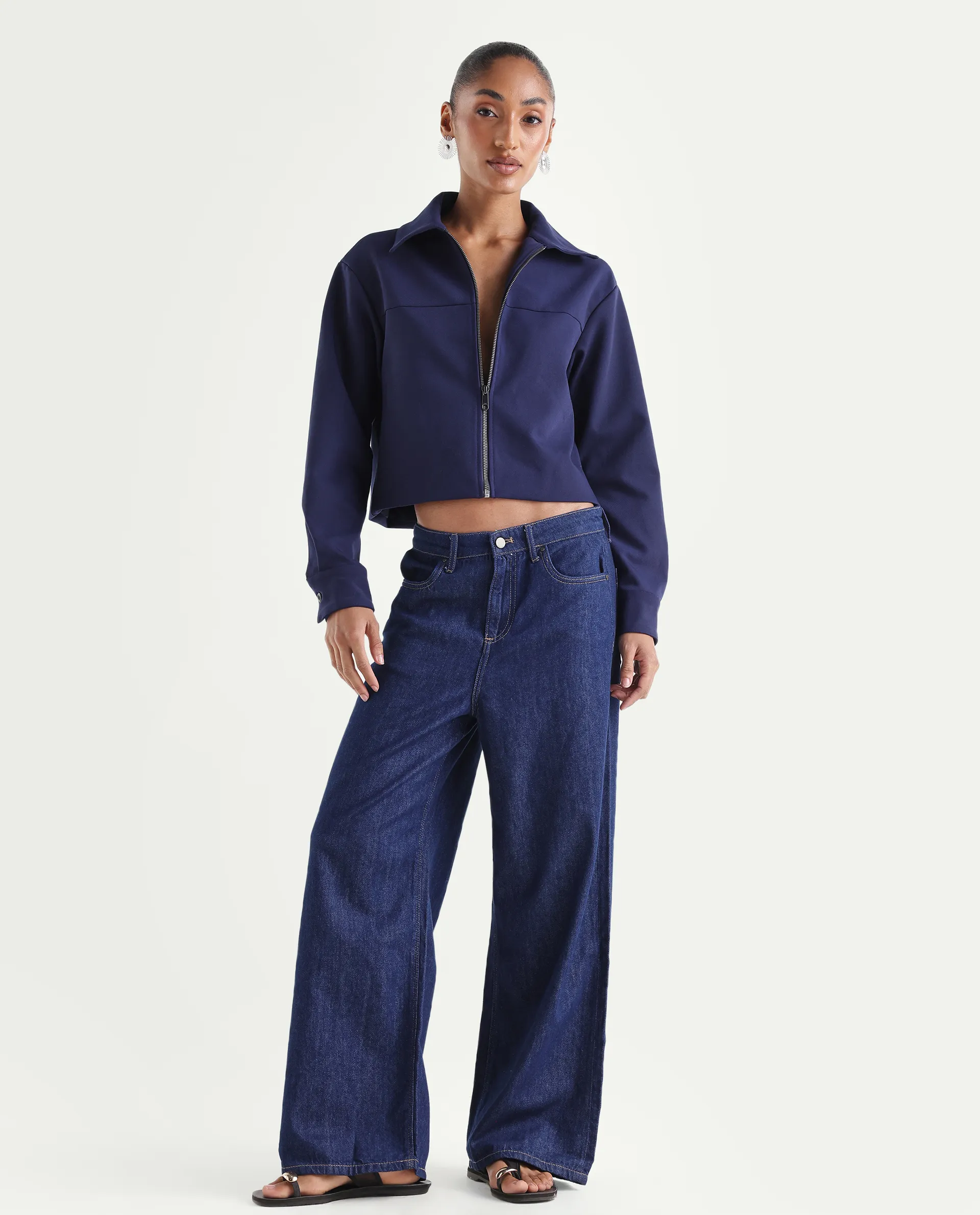 Rareism Women's Denio Dark Blue Cotton Wide Plain Jeans - Image 3