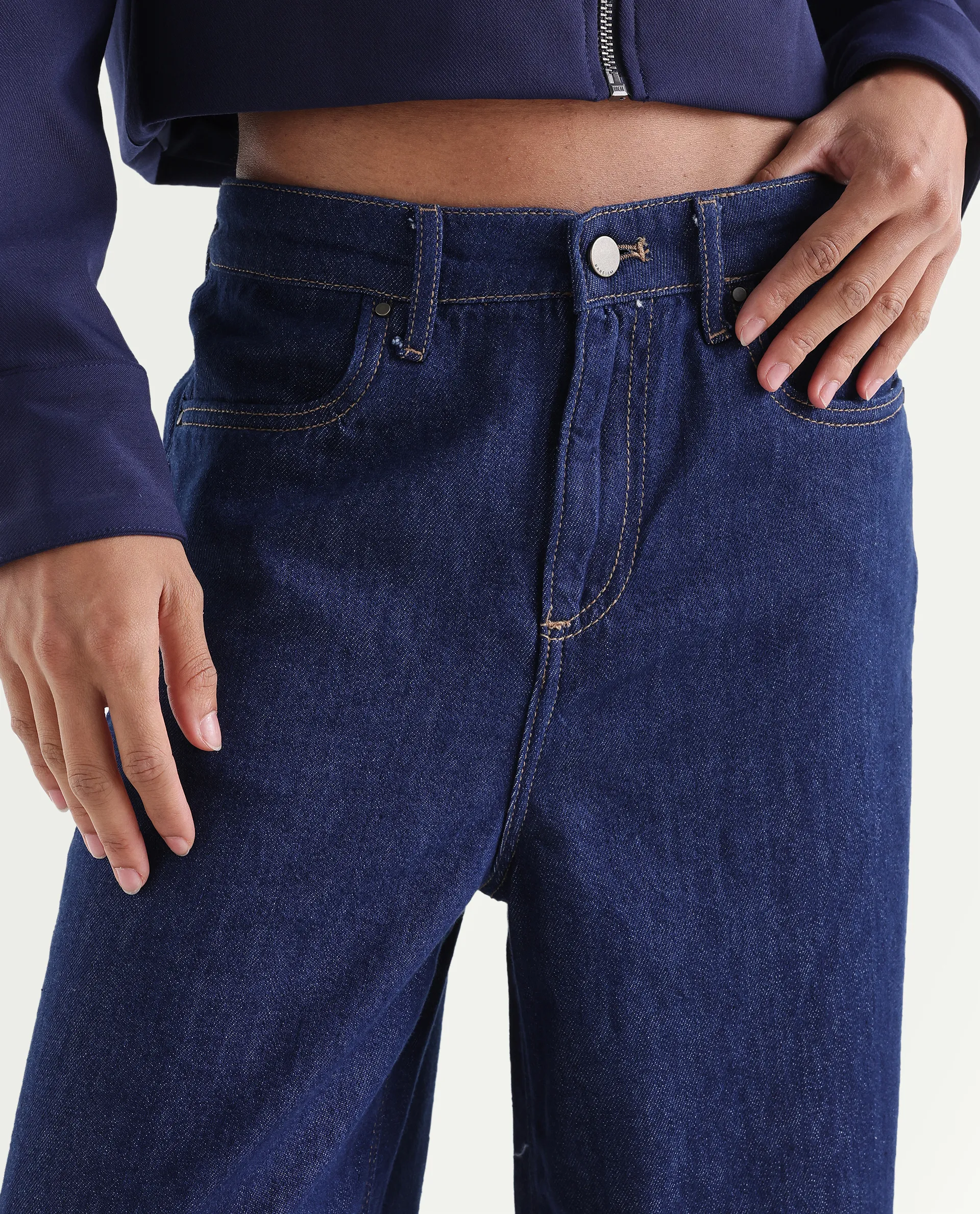 Rareism Women's Denio Dark Blue Cotton Wide Plain Jeans - Image 4