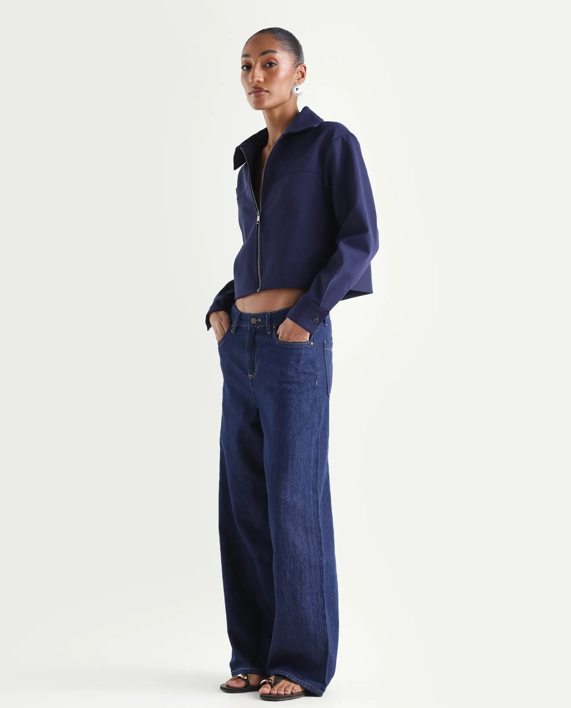 Rareism Women's Denio Dark Blue Cotton Wide Plain Jeans - Image 5