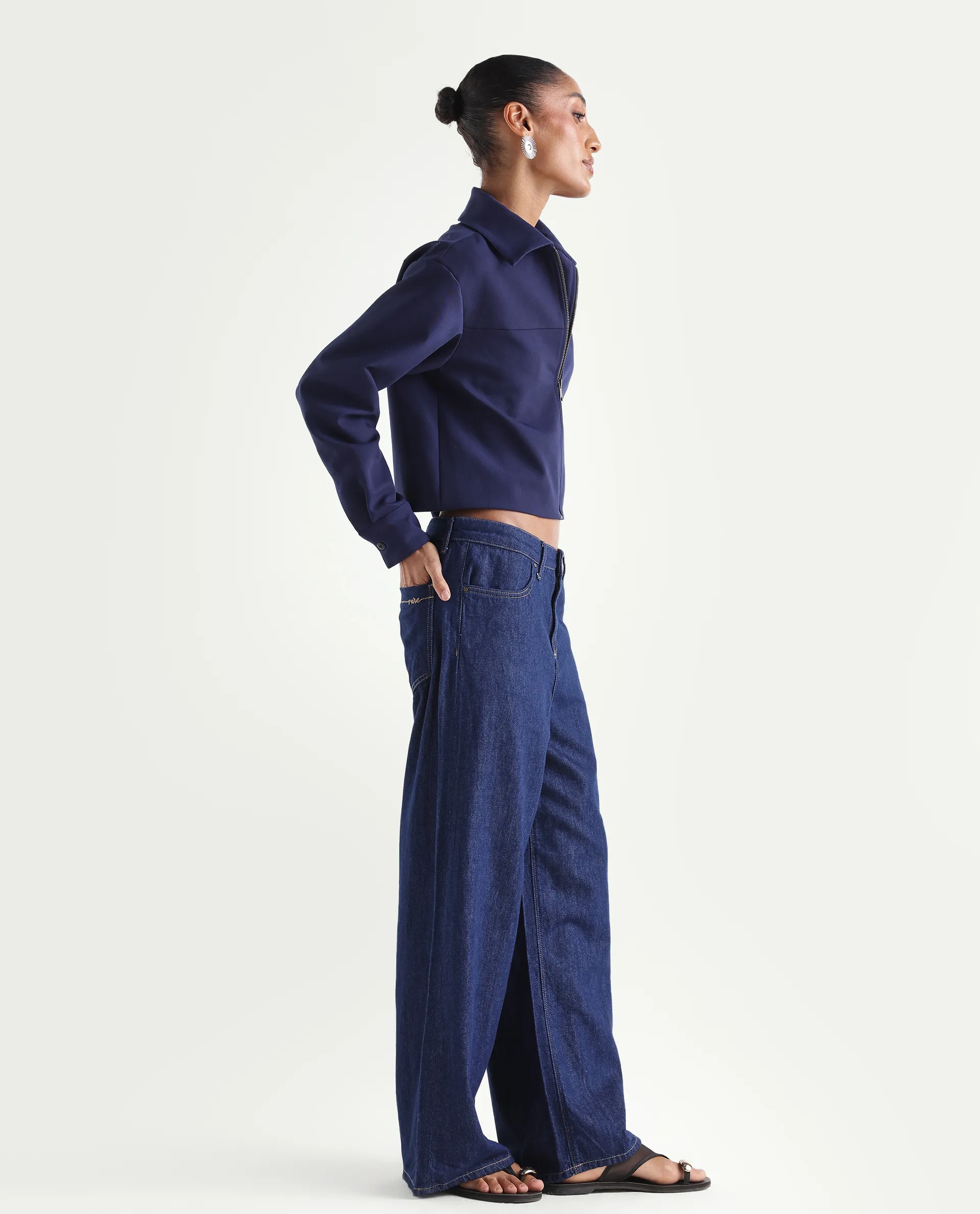 Rareism Women's Denio Dark Blue Cotton Wide Plain Jeans - Image 6