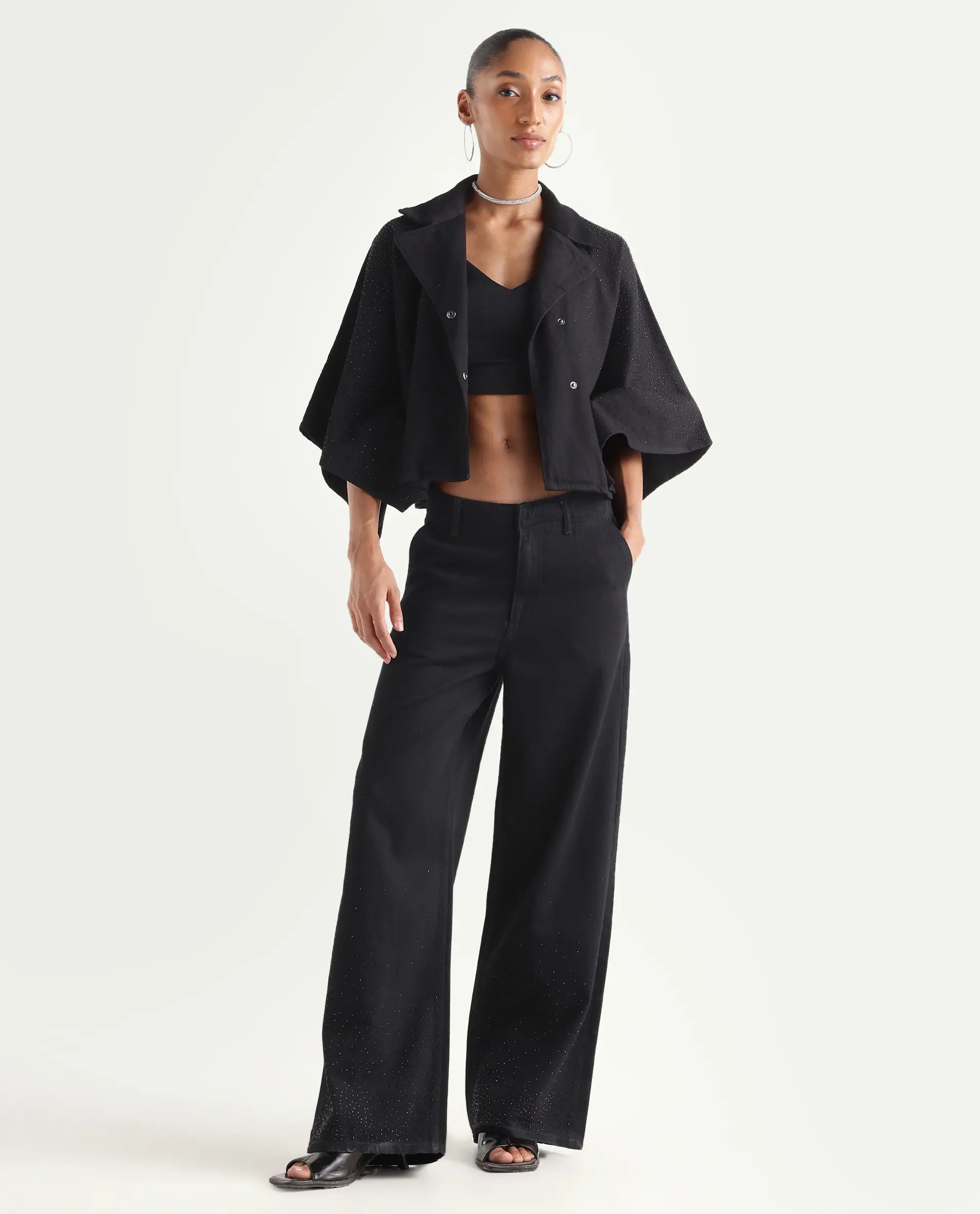 Rareism Women's Denir Black Cotton Wide Plain Denim