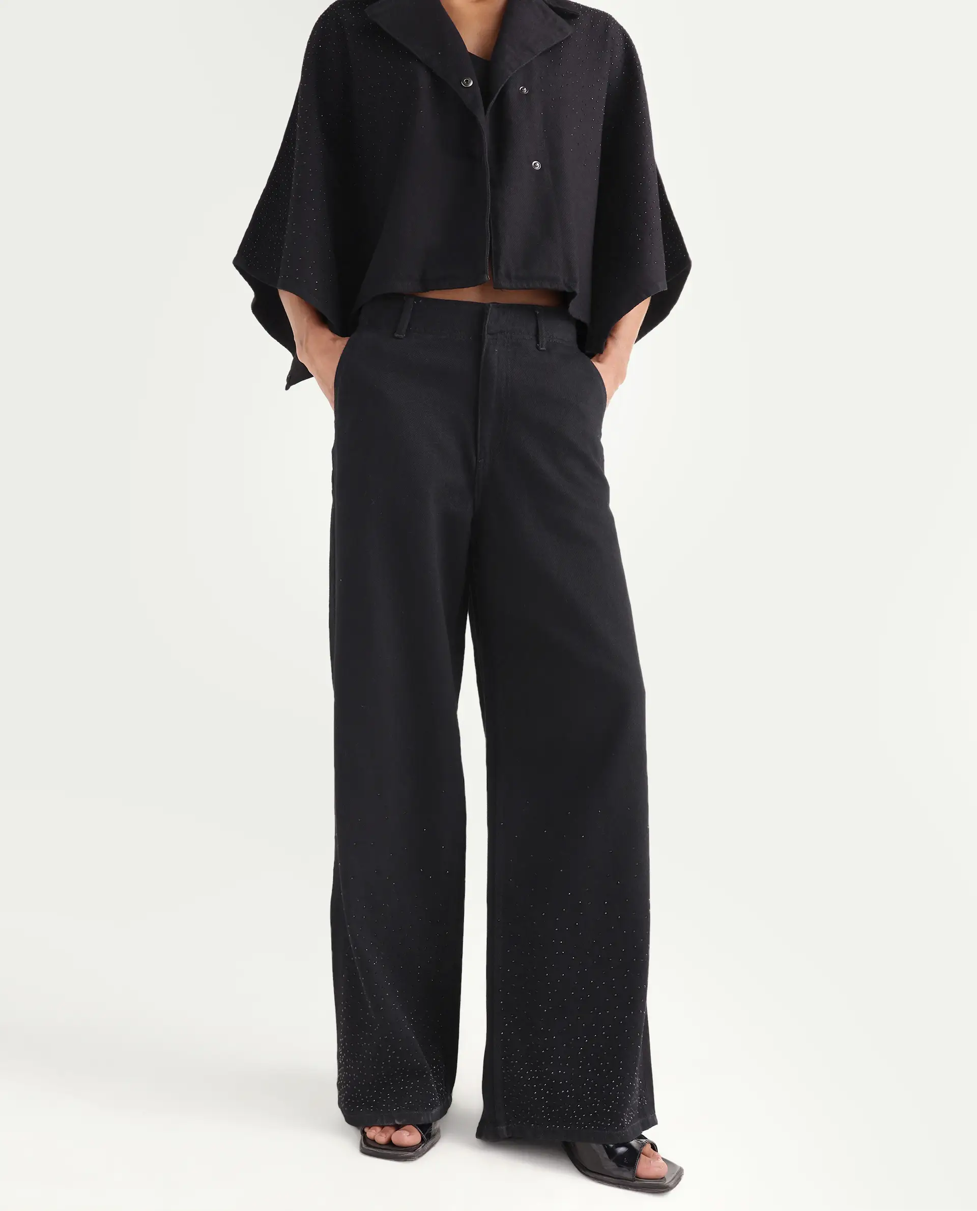 Rareism Women's Denir Black Cotton Wide Plain Denim - Image 2