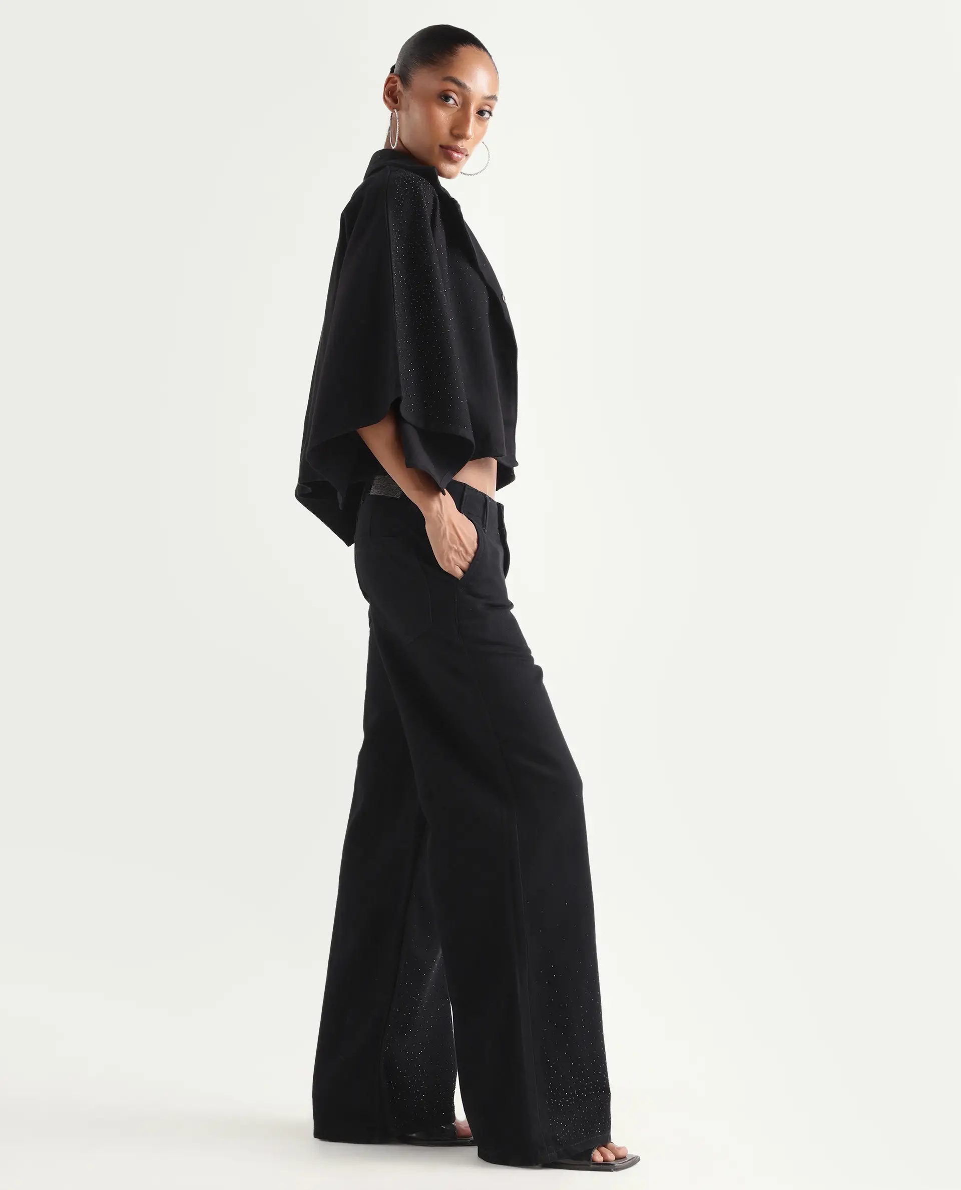 Rareism Women's Denir Black Cotton Wide Plain Denim - Image 6