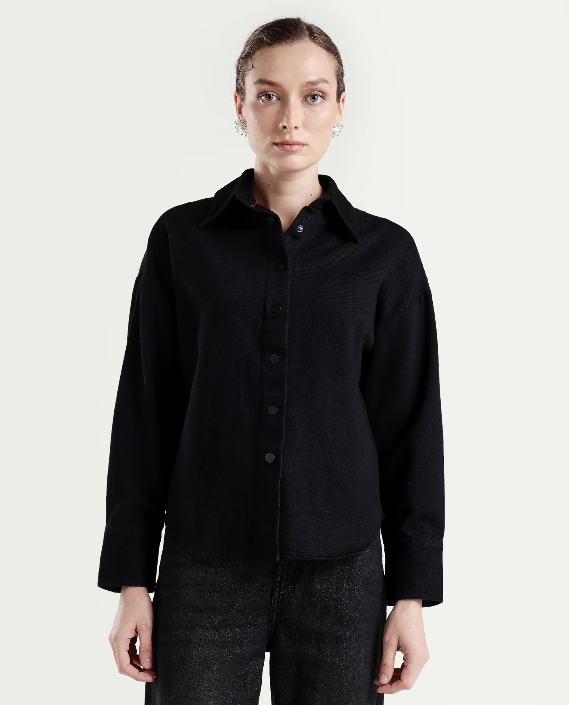 Rareism Women's Deniro Dark Blue Cotton Spread Collar Boxy Plain Shirt - Image 3