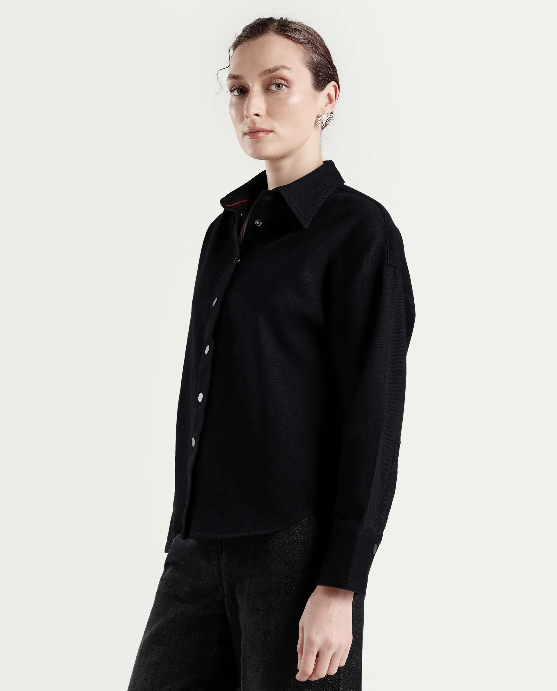 Rareism Women's Deniro Dark Blue Cotton Spread Collar Boxy Plain Shirt - Image 5