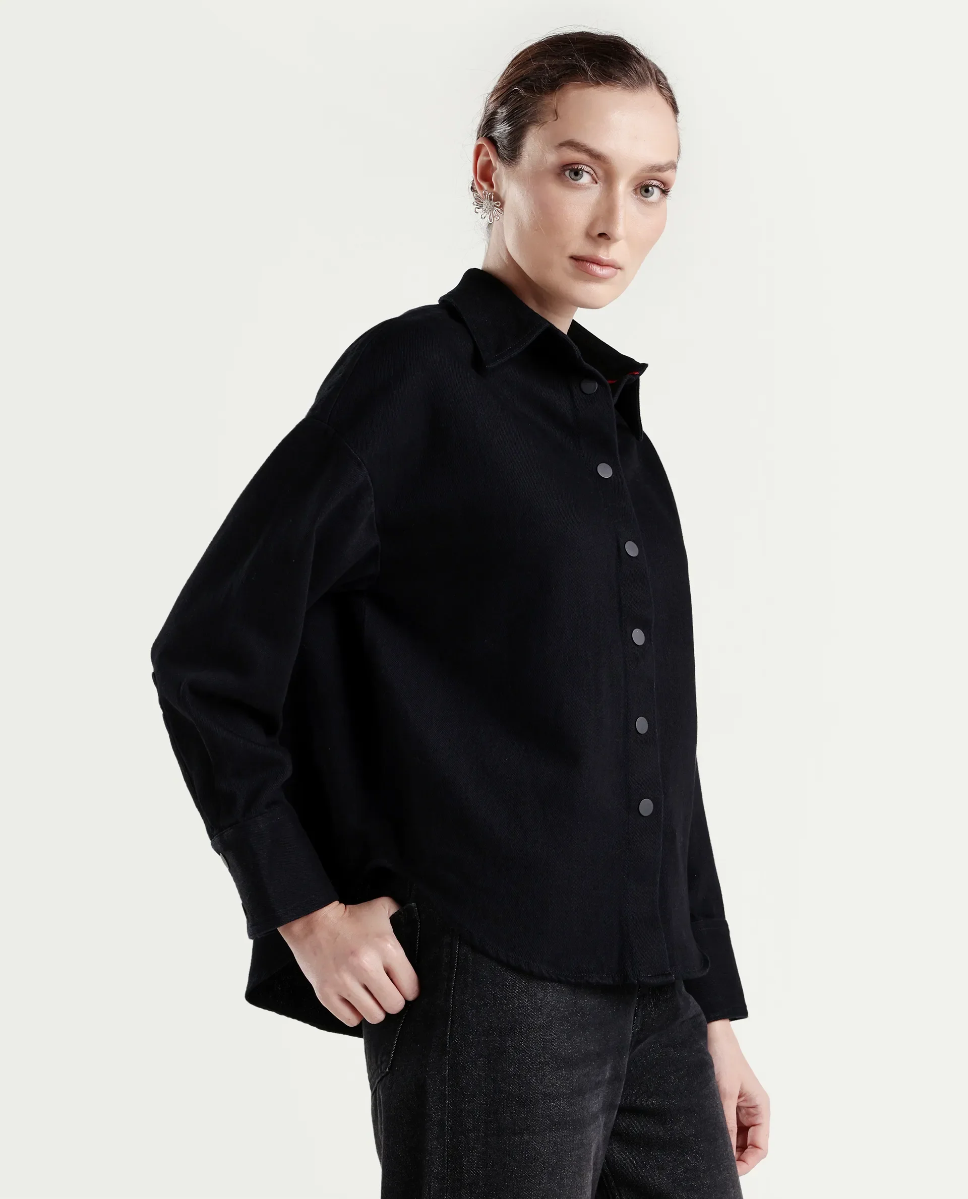 Rareism Women's Deniro Dark Blue Cotton Spread Collar Boxy Plain Shirt - Image 6