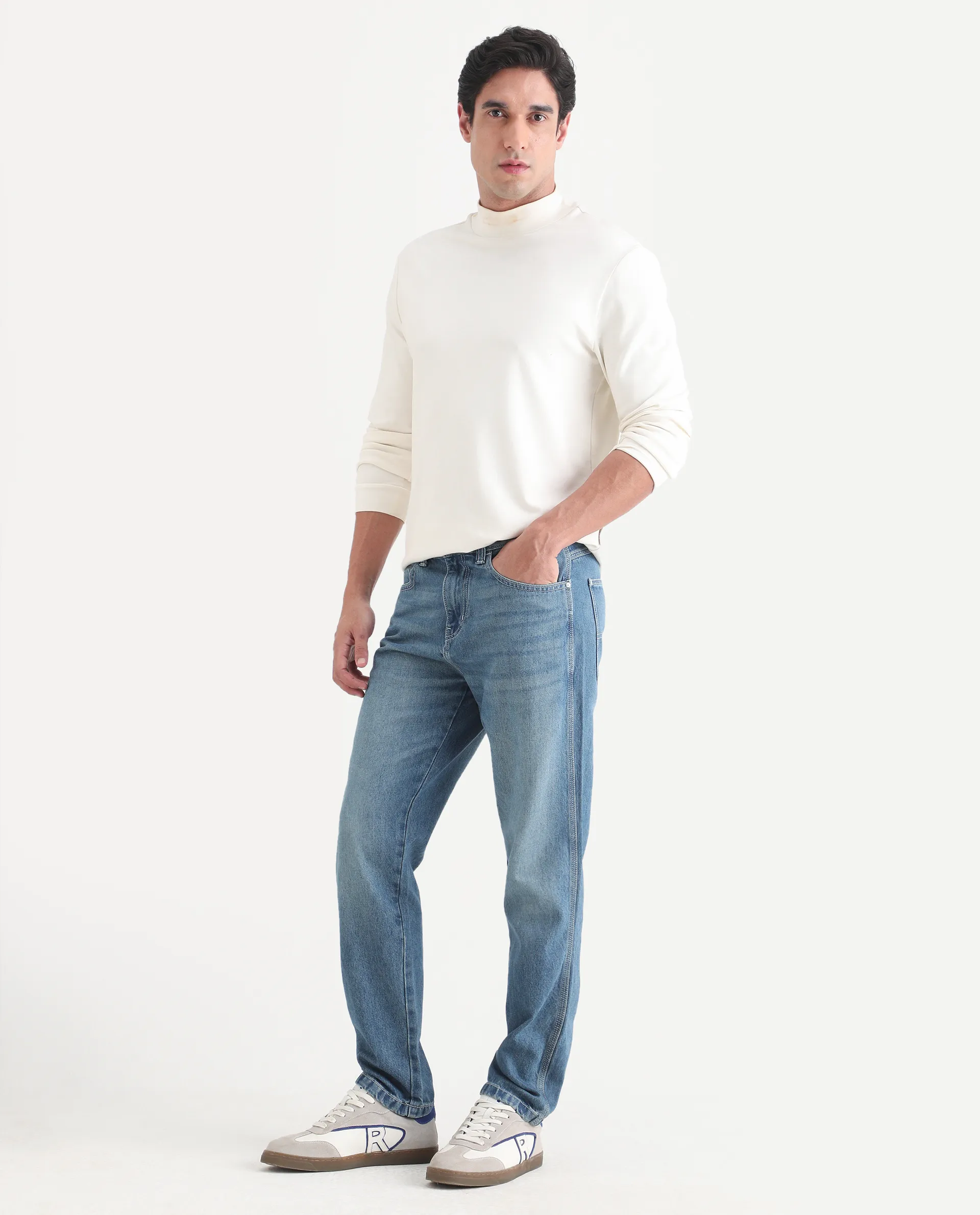 Rare Rabbit Men's Denis K Blue Cotton Blend Fabric Kurt Carrot Fit Plain Jeans - Image 4