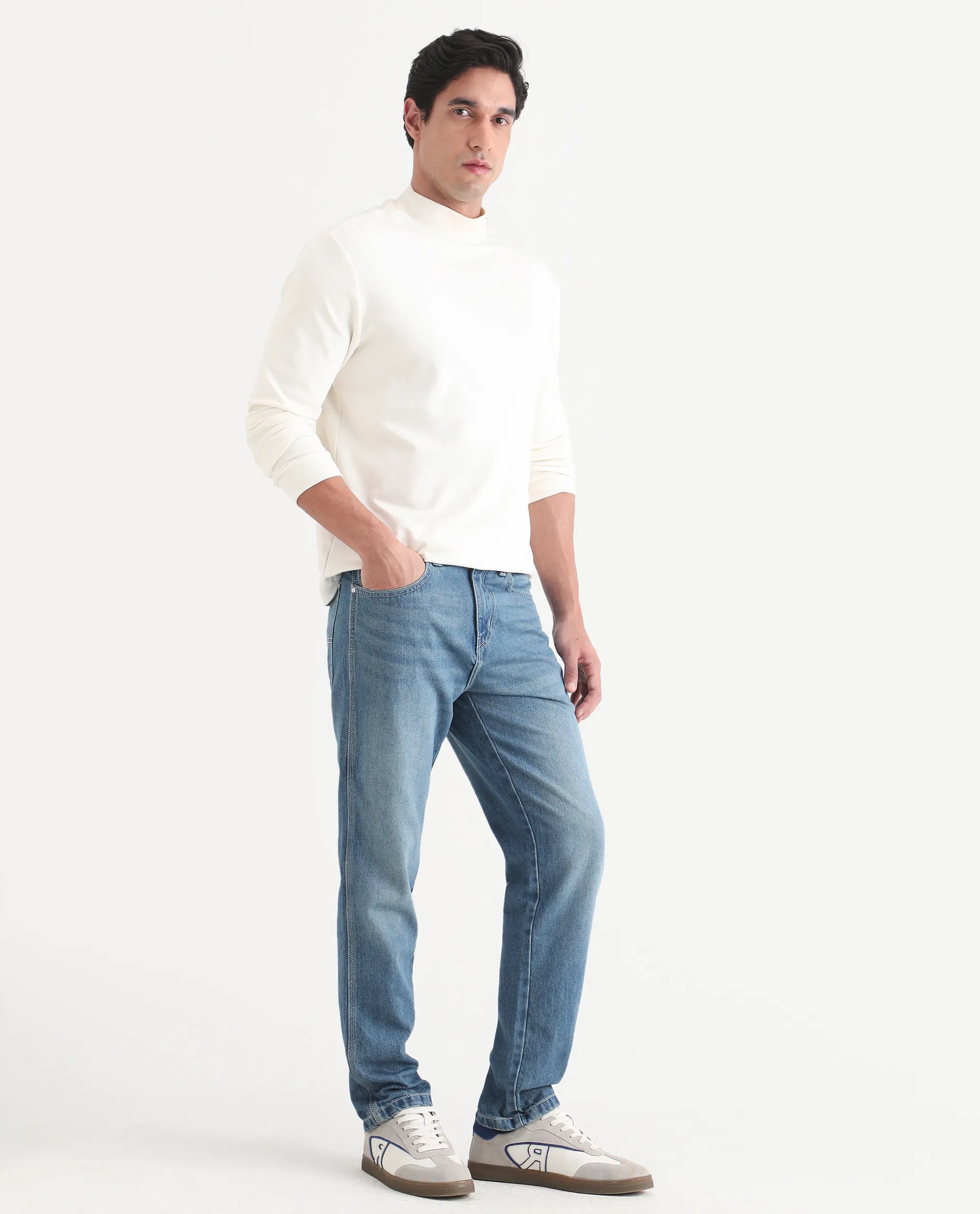 Rare Rabbit Men's Denis K Blue Cotton Blend Fabric Kurt Carrot Fit Plain Jeans - Image 5