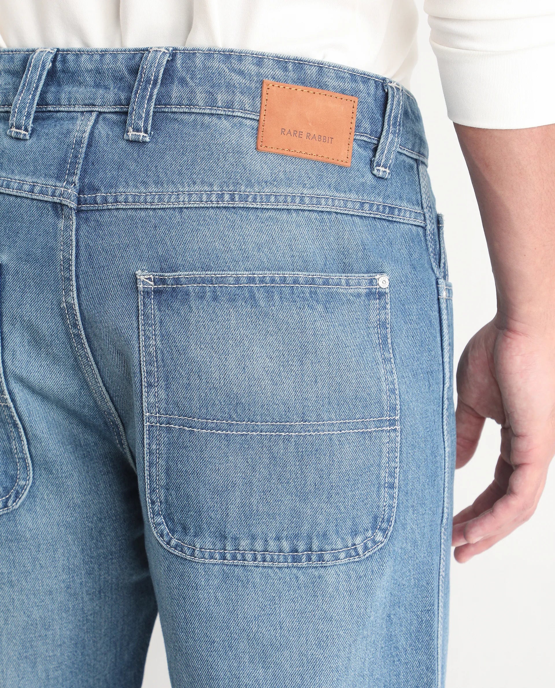 Rare Rabbit Men's Denis K Blue Cotton Blend Fabric Kurt Carrot Fit Plain Jeans - Image 6